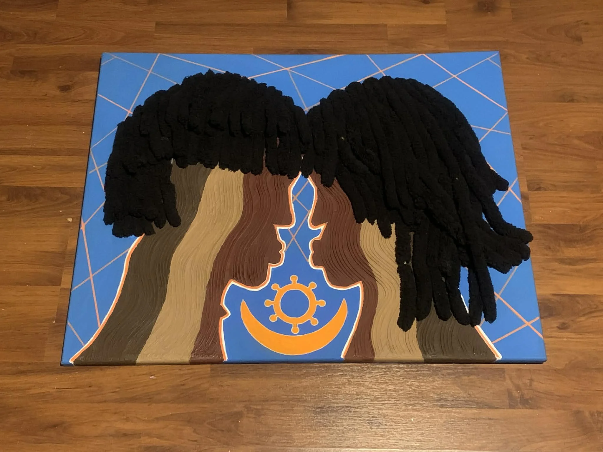 Marteena Taylor (pristeencolouredart.square.site), “Connected,” Spackling paste, yarn, hair beads and acrylic on canvas, 2024. 