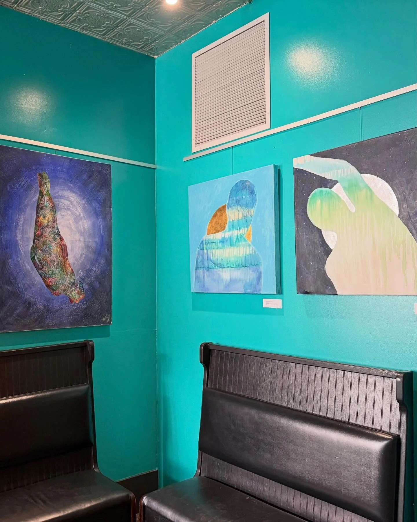 Three of Rick Wedel&rsquo;s (@rick_wedel_art) paintings moved from April&rsquo;s show, &ldquo;Go Figure,&rdquo; to MAIZ Mexican Cantina in Depot Town! Dzanc House and @maizmexicancantina are now partnering to curate these two beautiful blue walls in 