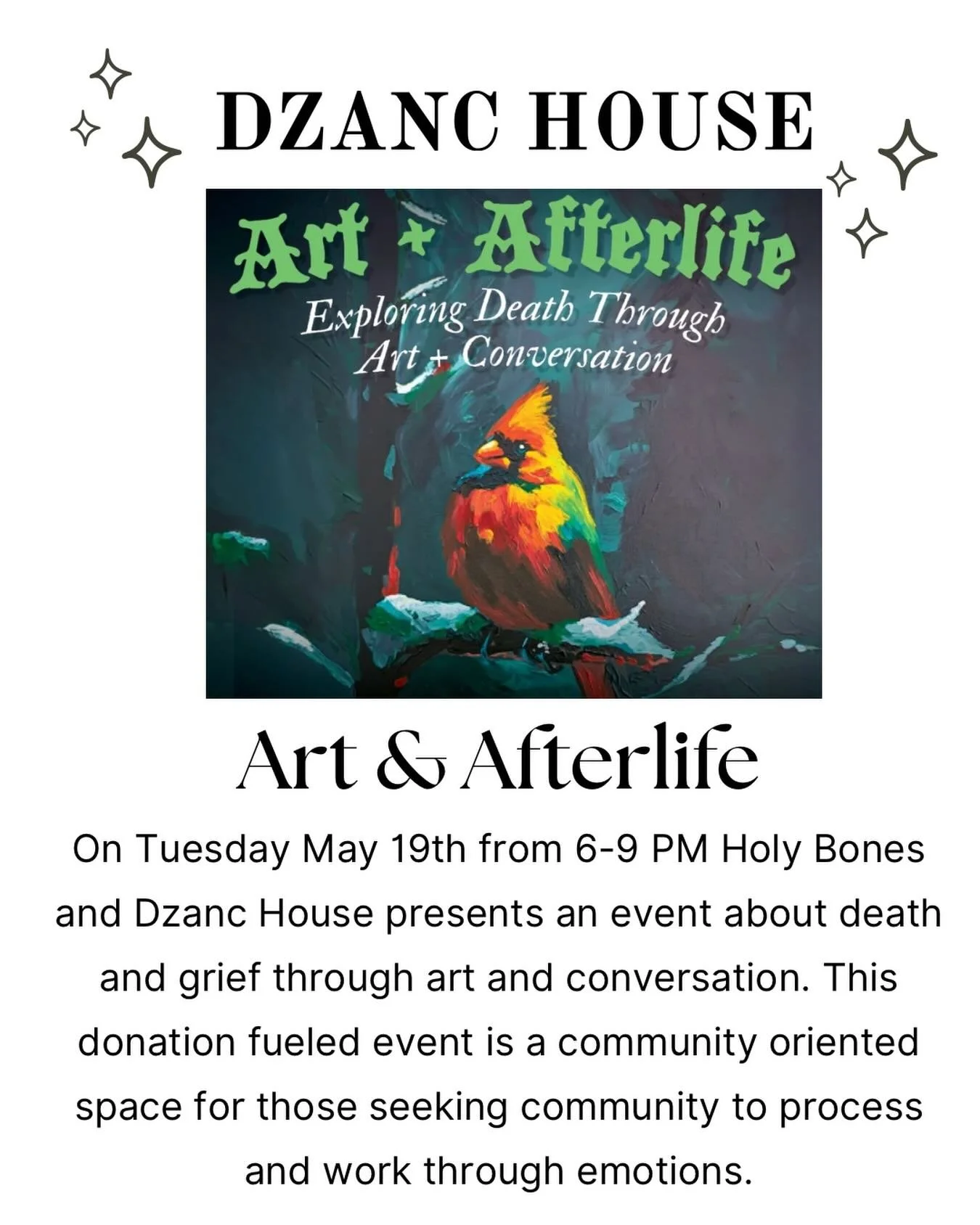 We are so excited to host another Art &amp; Afterlife conversation in collaboration Holy Bones. Be sure to join us on the 19th from 6-9PM. Enjoy time together in community, doing events you love 💕 
.
.
.
#ypsi #annarbor #ypsiart #ypsilanti
#dzanchou