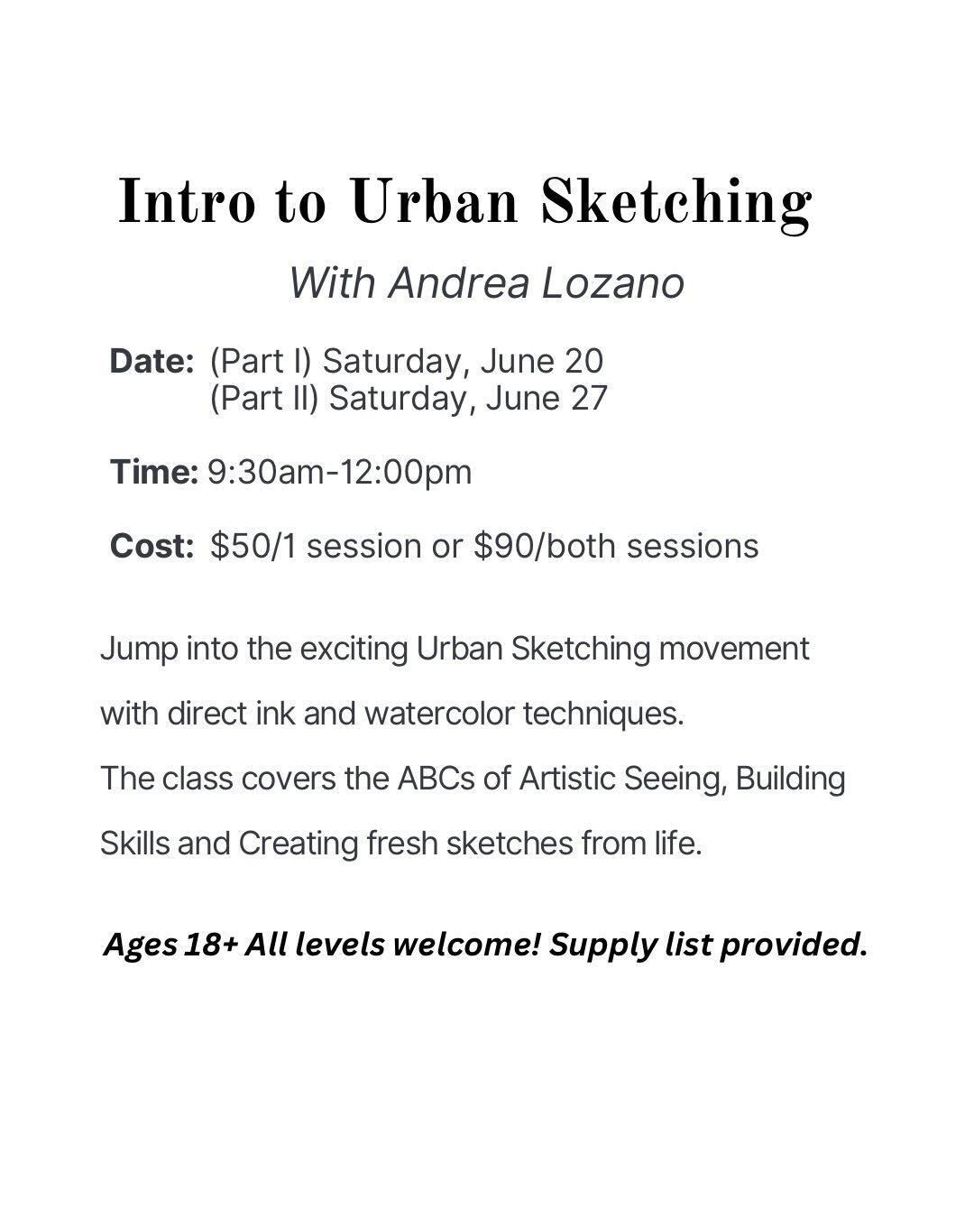 We are so excited to have @andreani_lozano with us for this special intro to urban sketching workshop! 
.
You can now register in our website!
.
.
.
#ypsi #annarbor #ypsiart #annarborartists #urbansketch