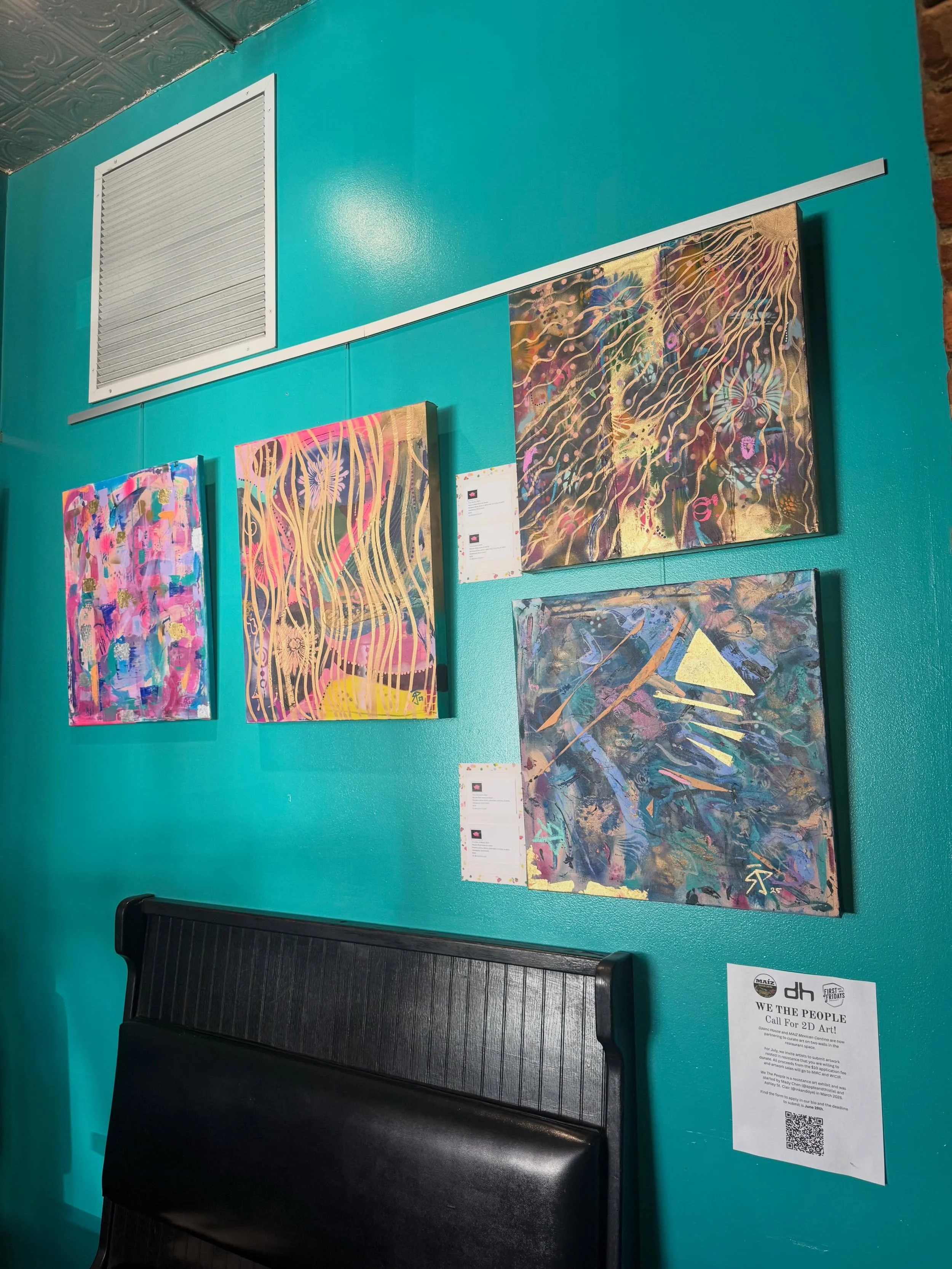 The vibrant work of @gildedlotus.art is at MAIZ Mexican Cantina in Depot Town for the month of June! Dzanc House and @maizmexicancantina are continuing to partner in curating these two beautiful blue walls in the restaurant 🖼️ Stop by to view the ar