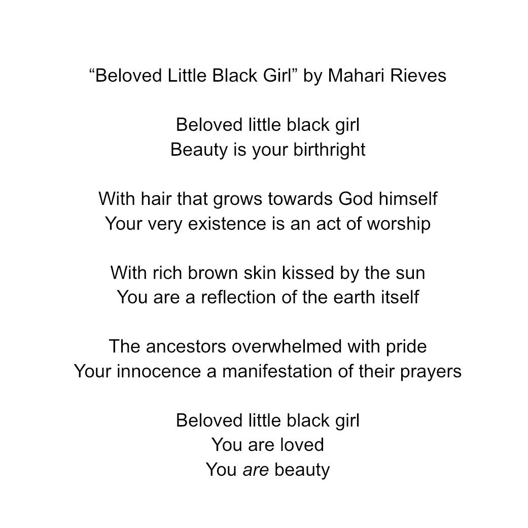 Mahari Rieves (@harixkeke), “Beloved Little Black Girl,” Poetry, 2026.