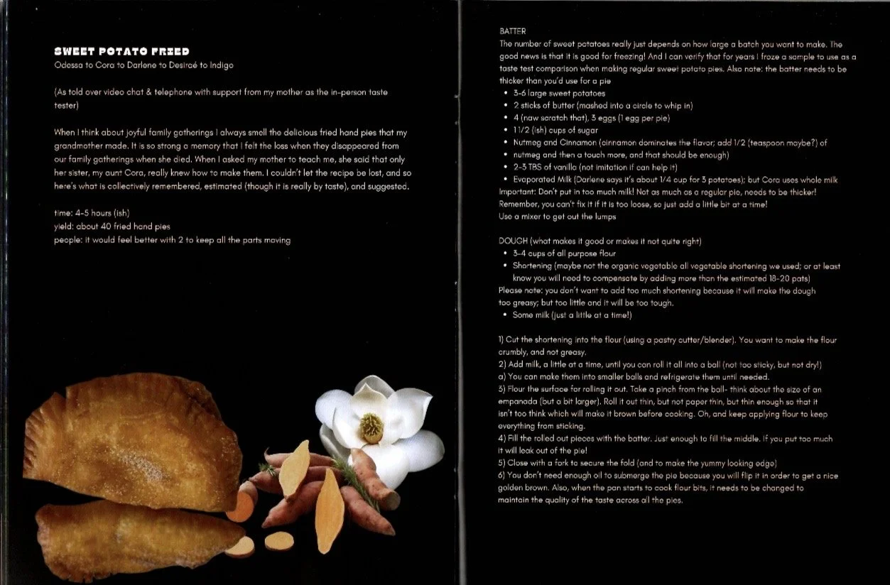 Desiraé Simmons (@dez_i_rae), “Sweet Potato Fried Pies (Odessa→Cora→Darlene→Desiraé→Indigo),” Poetic recipe in Flava! Juneteenth Zine, 2024.