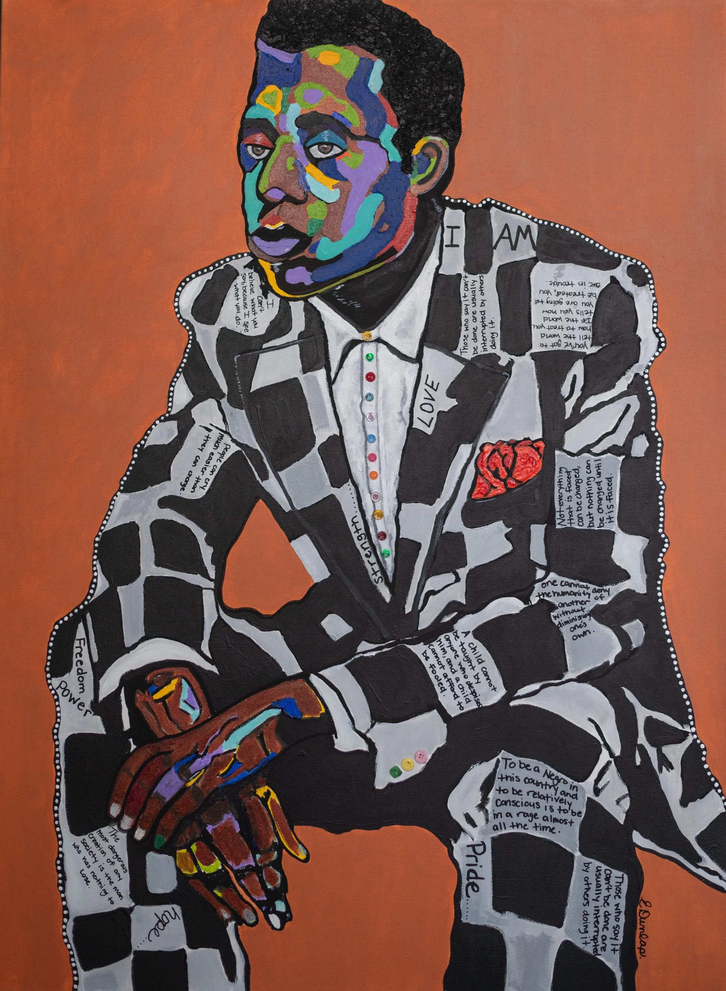 Erica Dunlap (ericafunlap.com), “Ink and Armor,” Mixed media using acrylic, sand, and modeling paste, 2025.