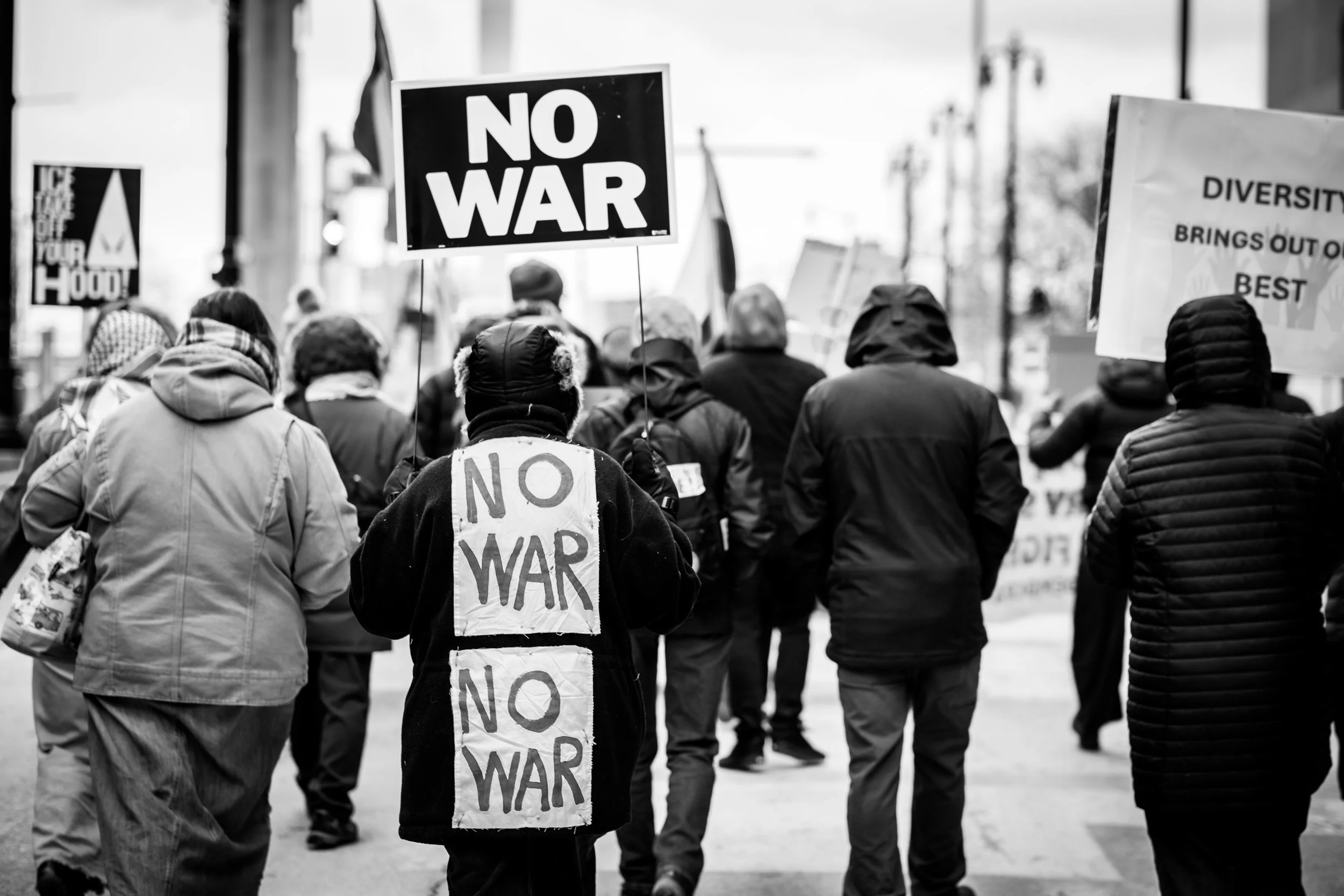 “NO WAR NO WAR NO WAR,” Detroit, Digital photo, Fuji X-T3, 2026.