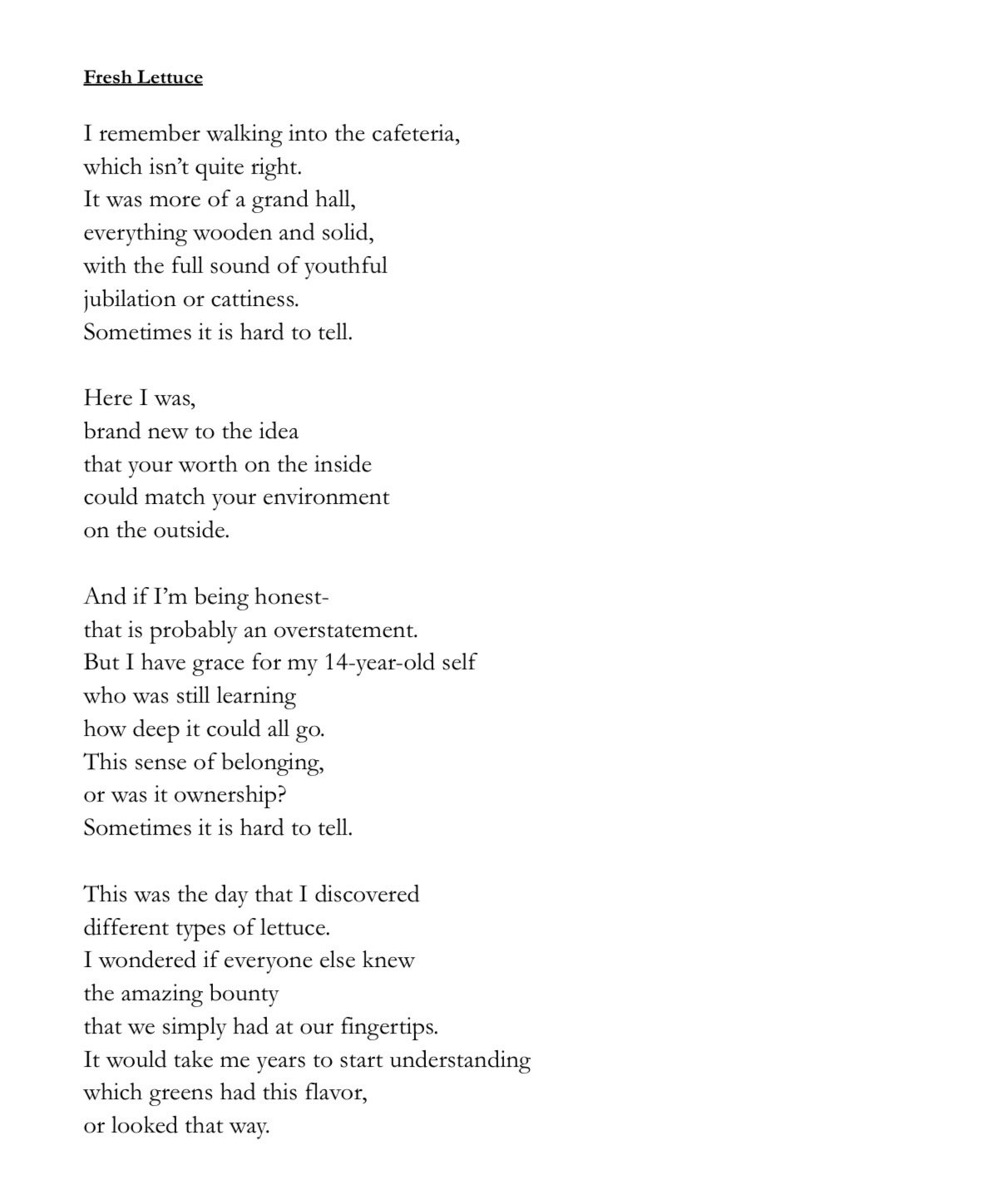 Desiraé Simmons (@dez_i_rae), “Fresh Lettuce,” Poem, 2023.