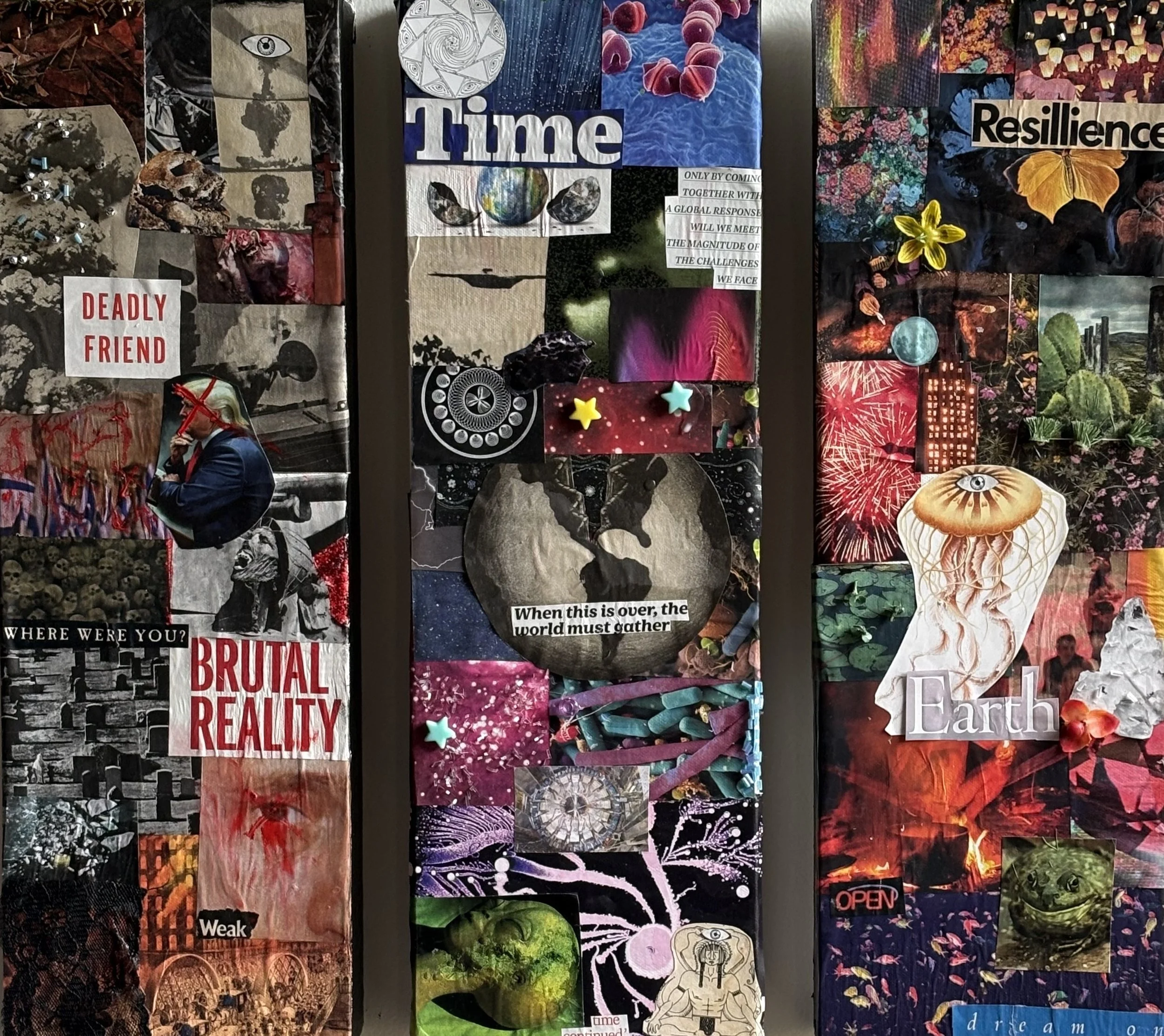 Katherine Burgess (@kbdesign.888, kbdesign888.com), “Divine Intervention,” mixed media on canvas, 2025.