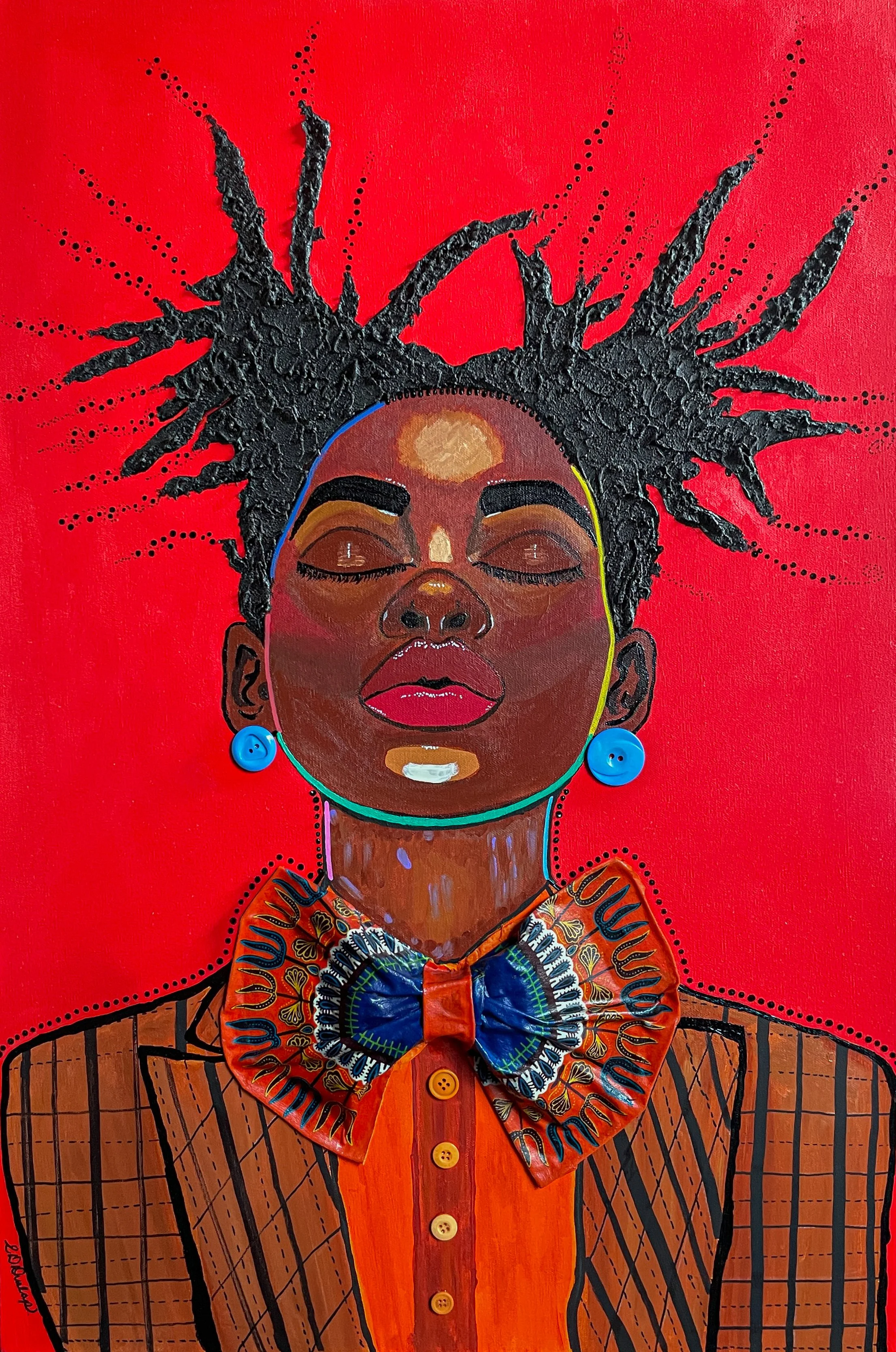 Erica Dunlap (ericafunlap.com), “Black Girl Magic,” Mixed media using acrylic and fabric, 2024.
