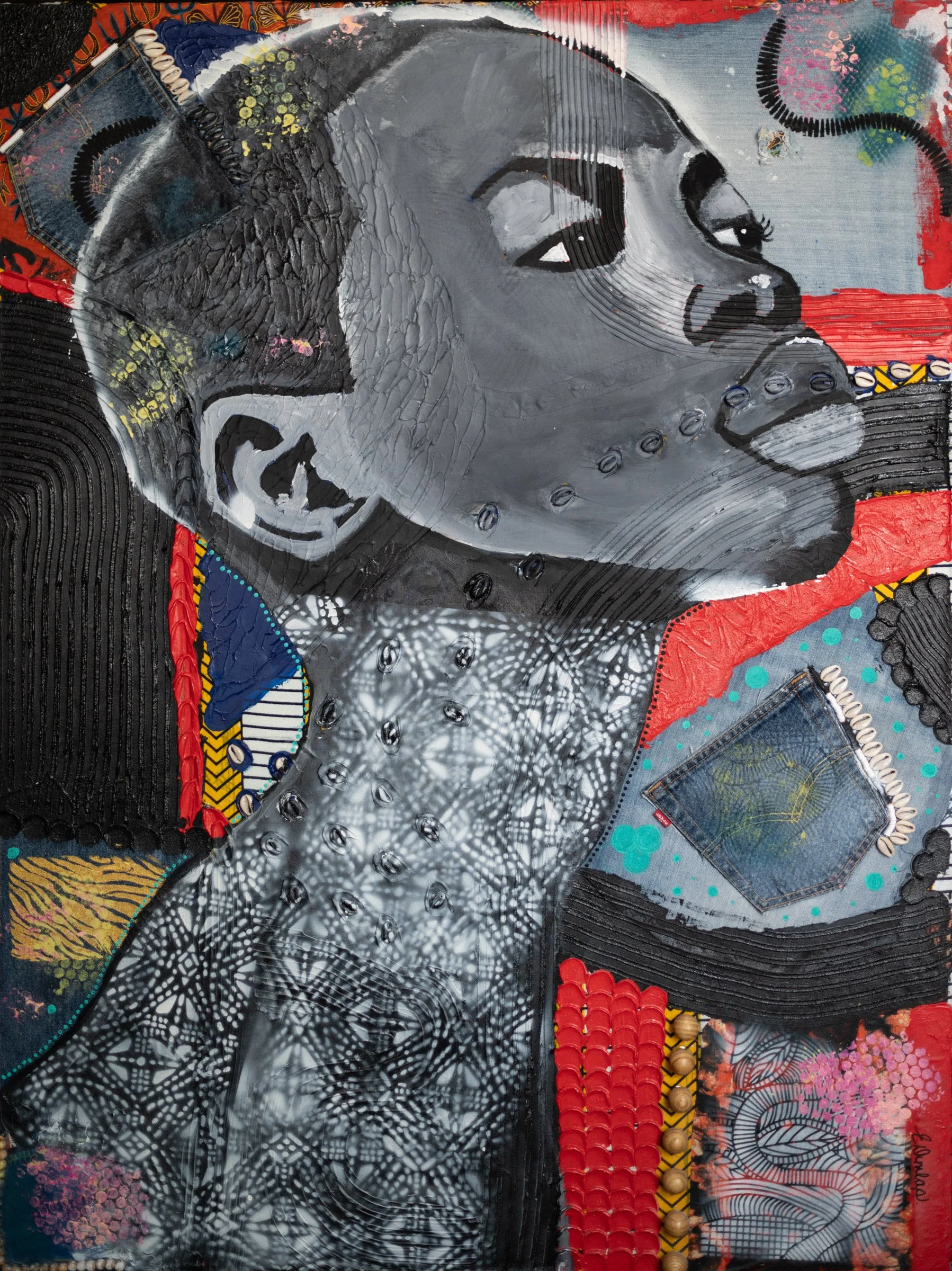 Erica Dunlap (ericafunlap.com), “Emerged,” Mixed media using fabric, wood, acrylic, modeling paste, and spray paint, 2025.