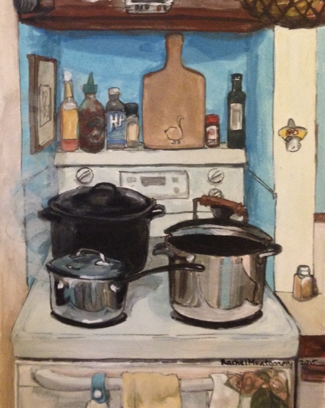 Rachel Montgomery (@rachel_is_an_arteest), “Herbal bath brewing,” Gouache on paper, 2015.