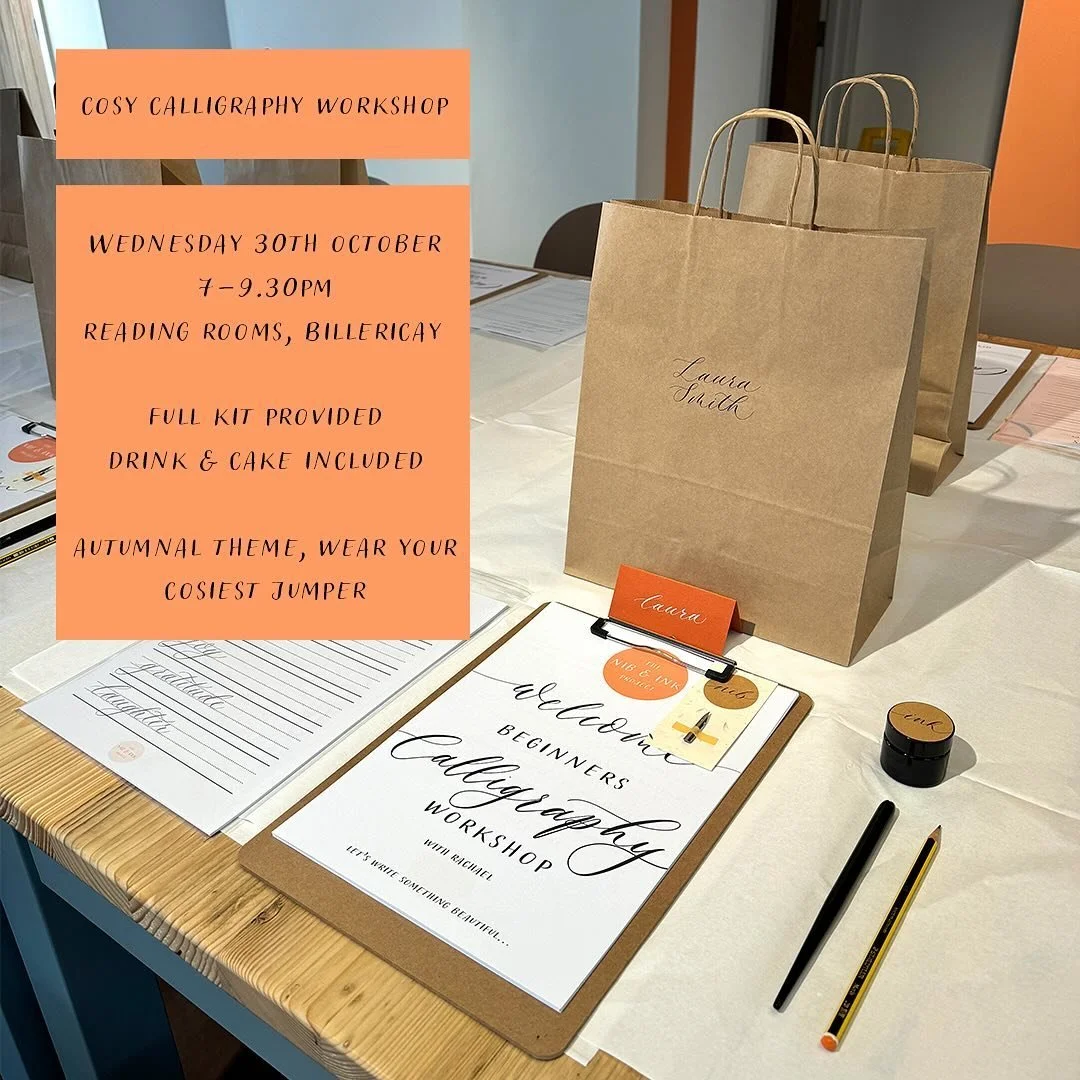 ✨NEW COSY CALLIGRAPHY WORKSHOP✨

Join me for a relaxing and cosy evening learning the basics of modern calligraphy. 

I will talk you through step-by-step, giving lots of encouragement and 1-2-1 guidance.

This workshop has an autumnal theme, so wear