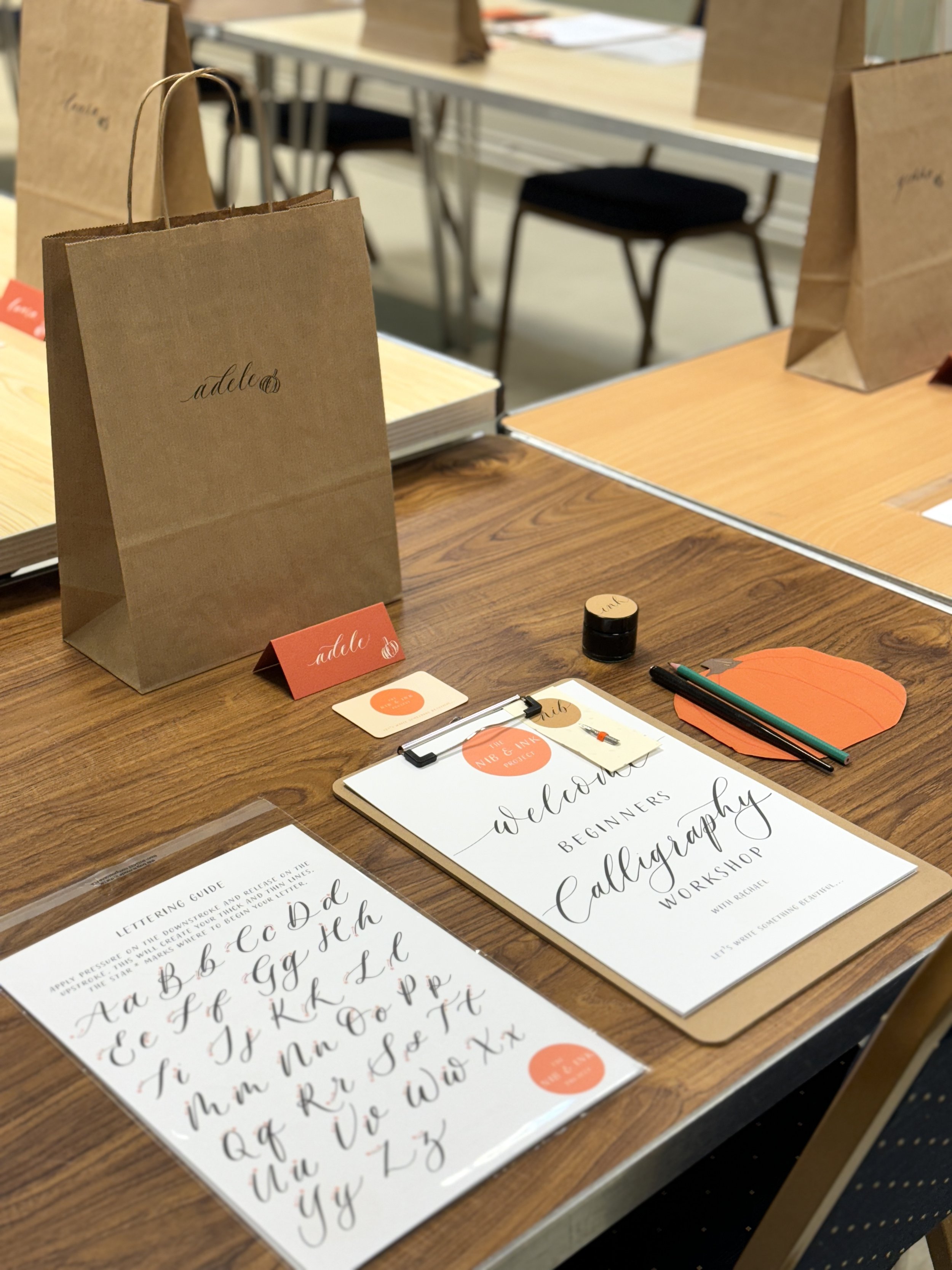 Image of workshop set-up including calligraphy kit