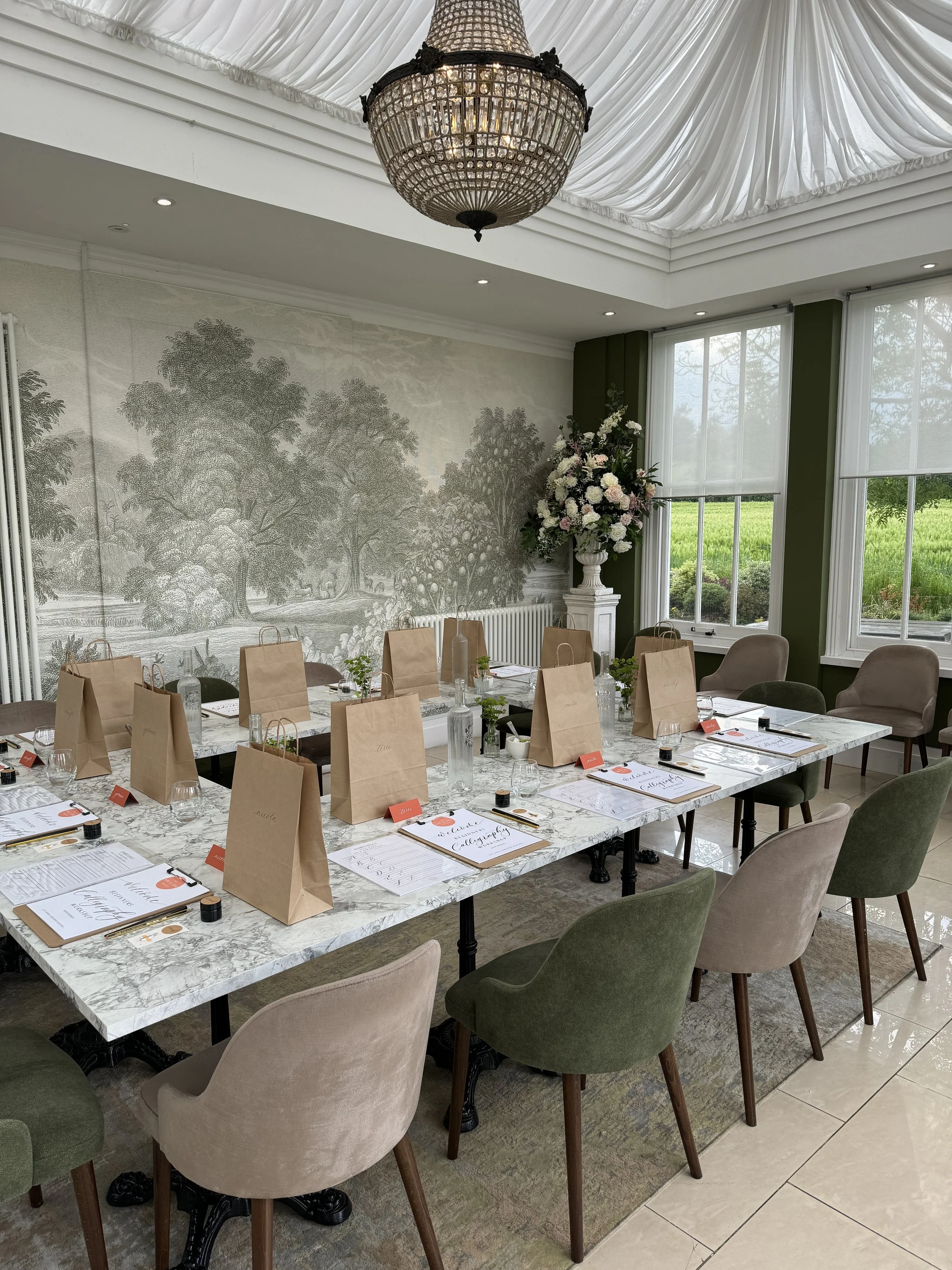 Calligraphy workshop table set-up