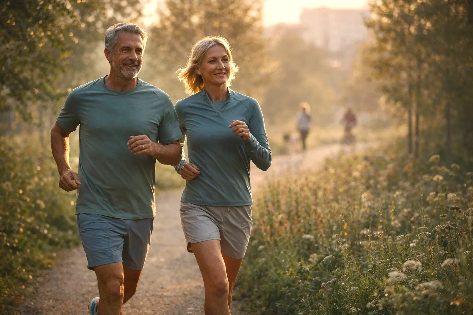 Een man en vrouw joggen samen in een park tijdens zonsondergang.