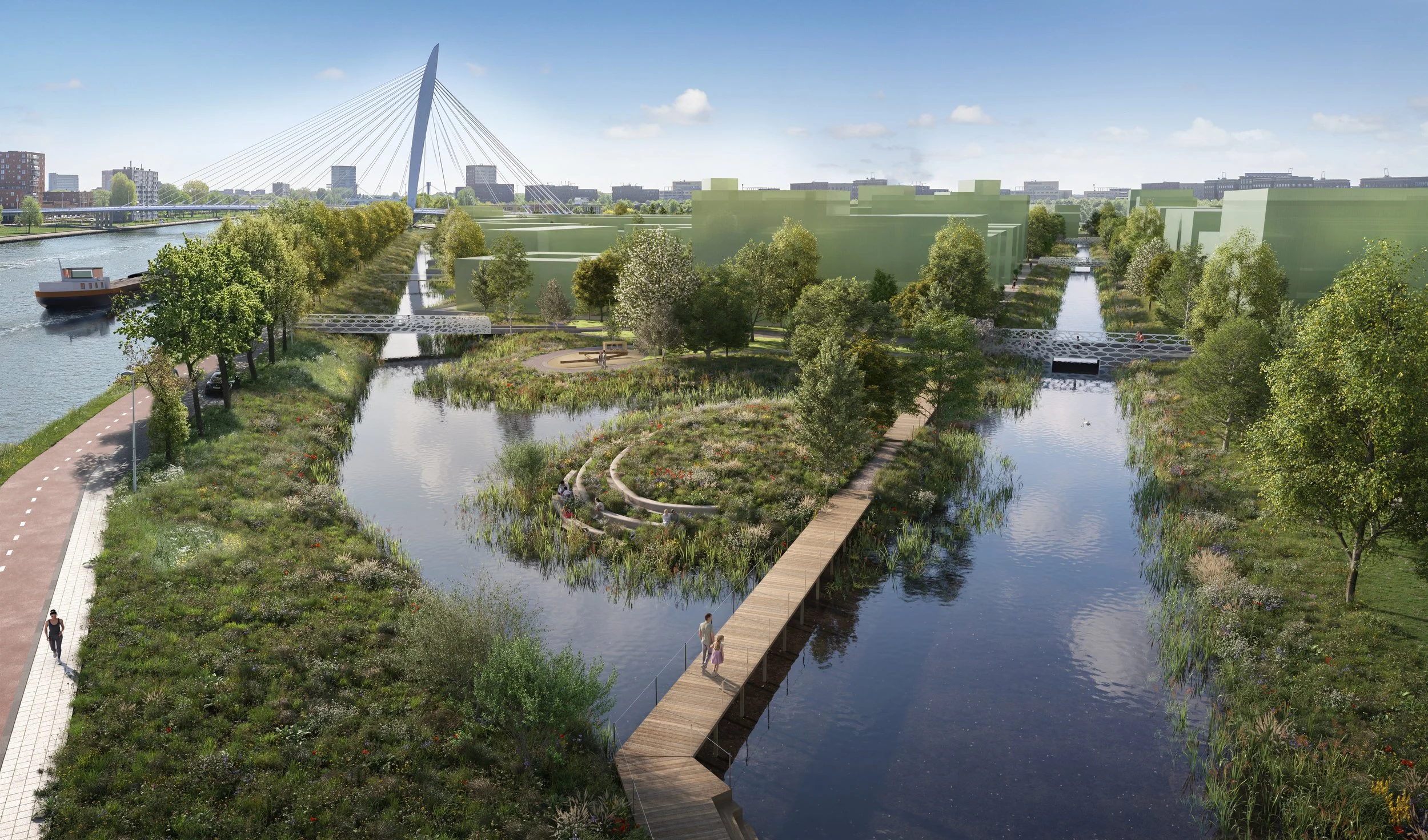 Illustratie van een stadspark met water, wandelpaden, bomen en een voetgangersbrug met mensen die erover lopen, met een stad op de achtergrond en een moderne brug in de verte.