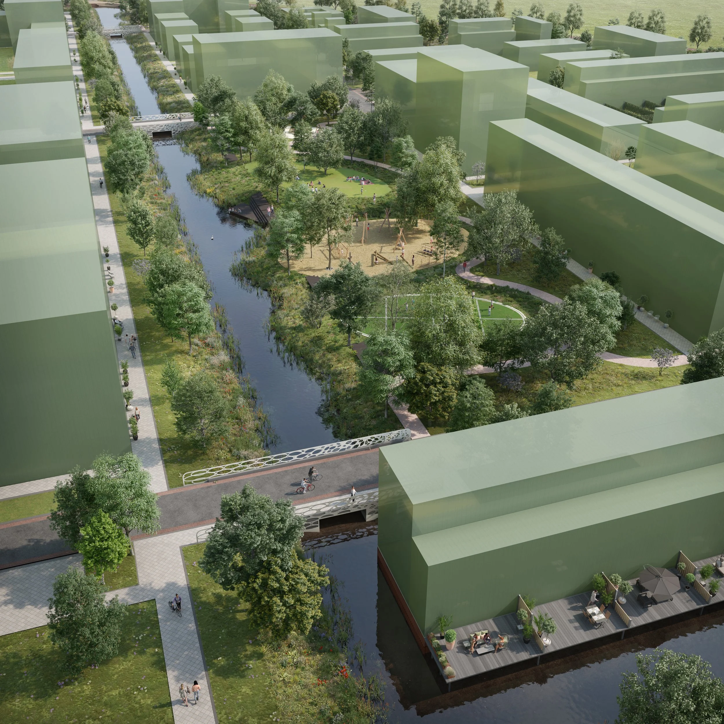 Een artistieke rendering van een groene stedelijke omgeving met een kanaal, wandelpaden, bomen, open grasvelden en recreatiegebieden, omgeven door hoge, moderne gebouwen.