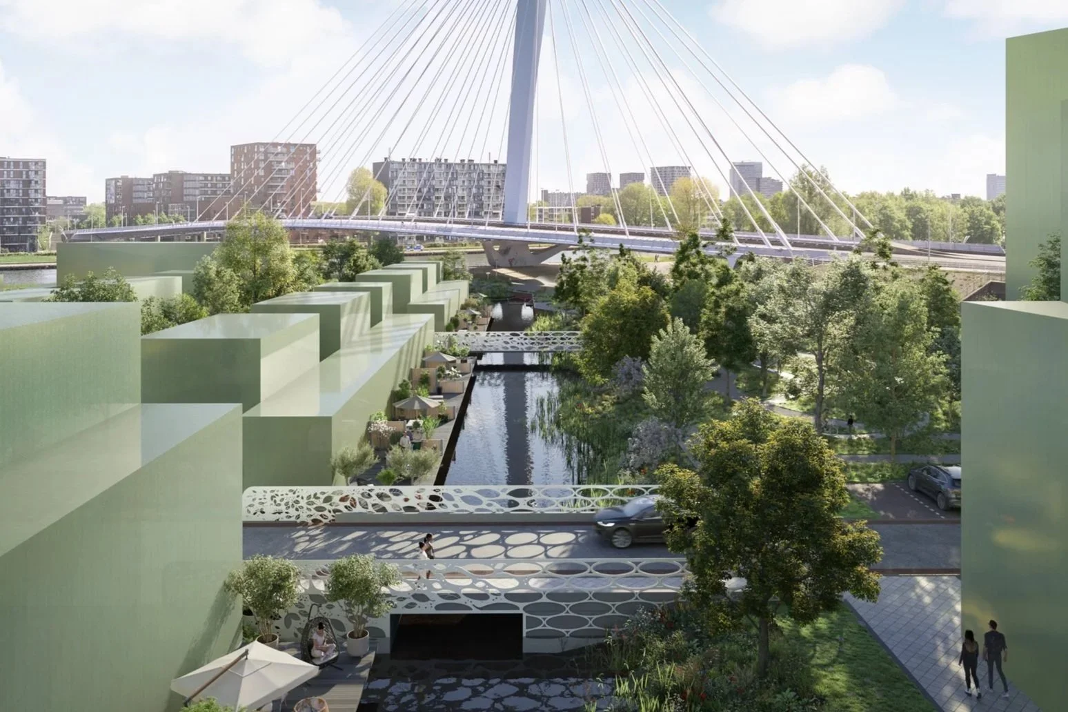 Illustratie van een moderne groene stad met een park, waterpartijen, een brug, een grote witte brug en appartementsgebouwen op de achtergrond, met mensen die wandelen en ontspannen.