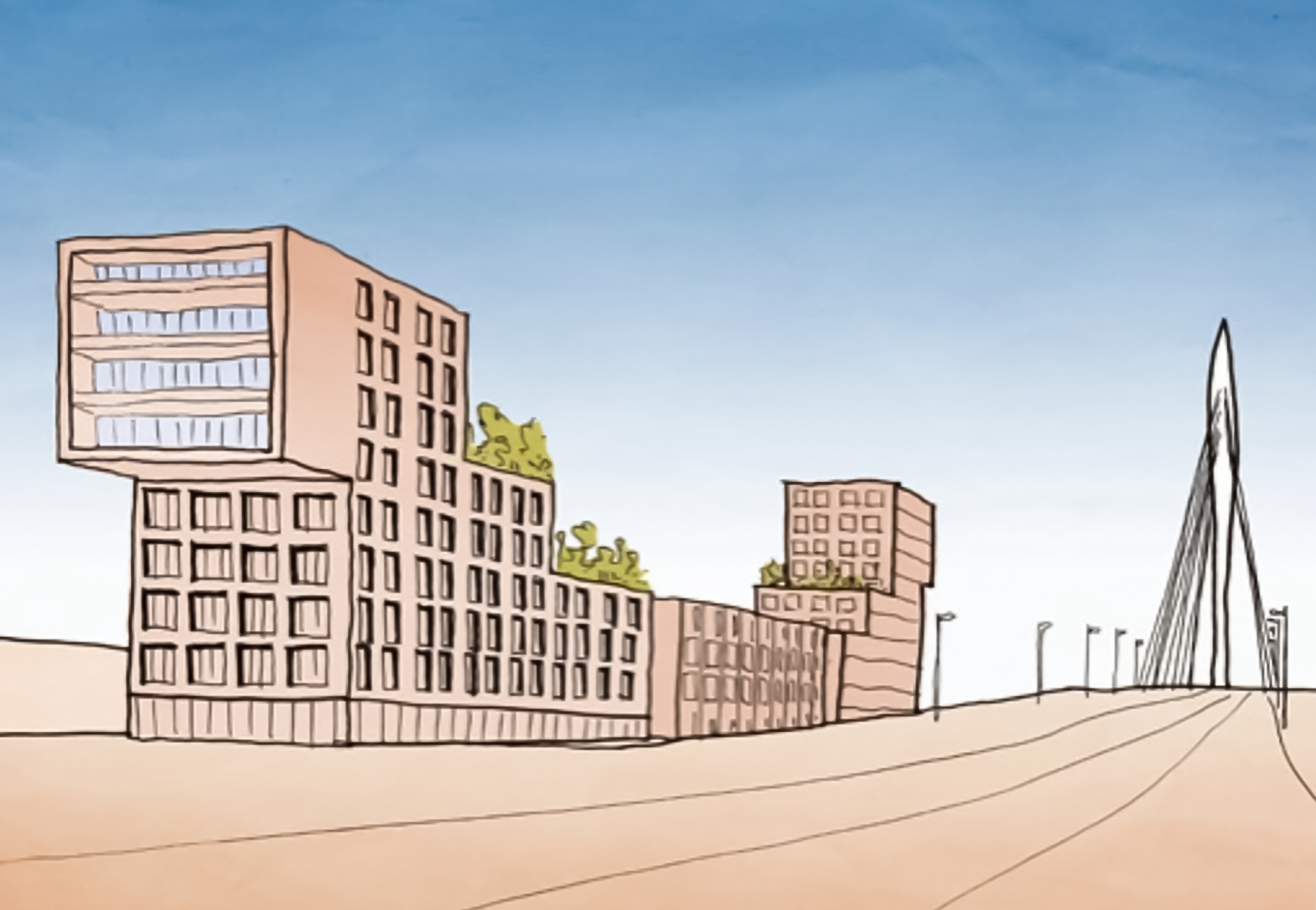 Kunstwijk van een stad met een groot, modern gebouw met veel ramen en kleinere gebouwen, een kerktoren en enkele bomen onder een blauwe lucht.