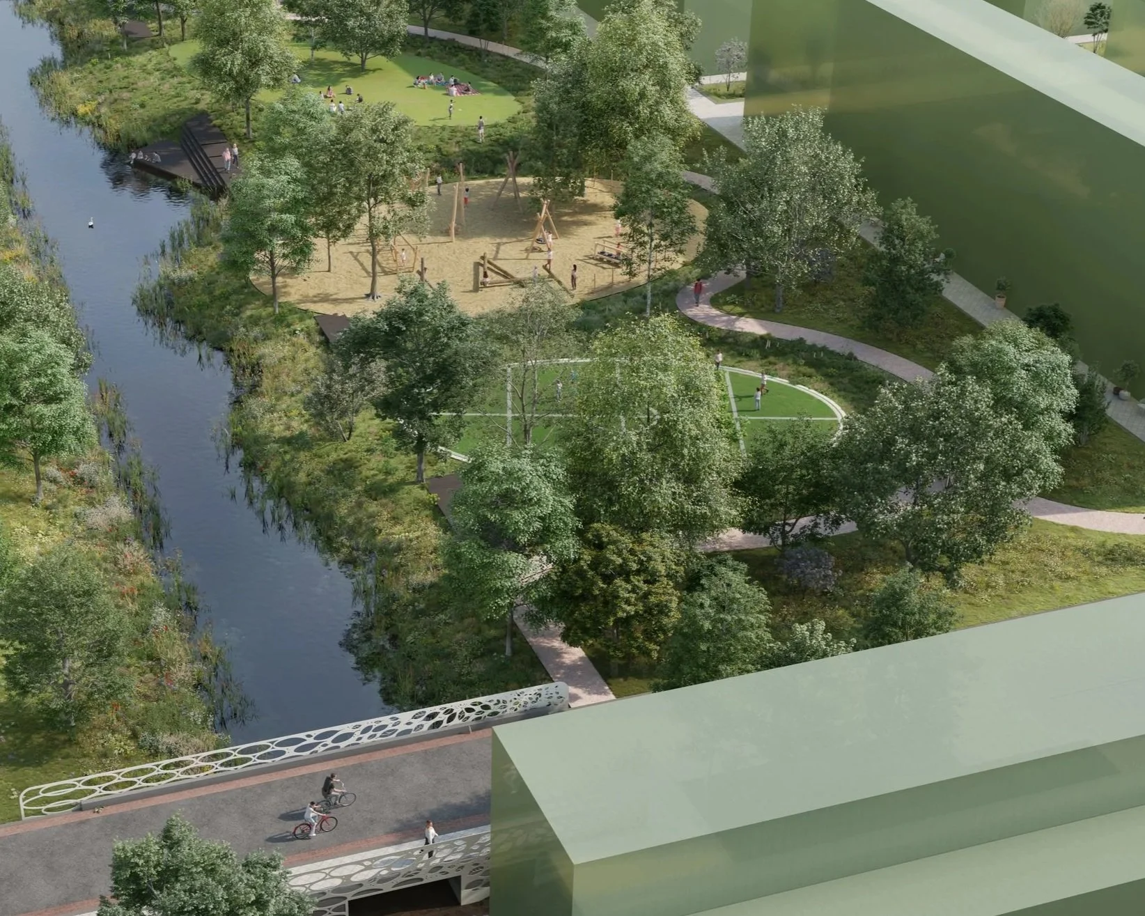 Een digitale visualisatie van een park met wandelpaden, een rivier aan de linkerzijde, groen gazon met bomen, speelplaatsen en mensen die genieten van de buitenruimte.