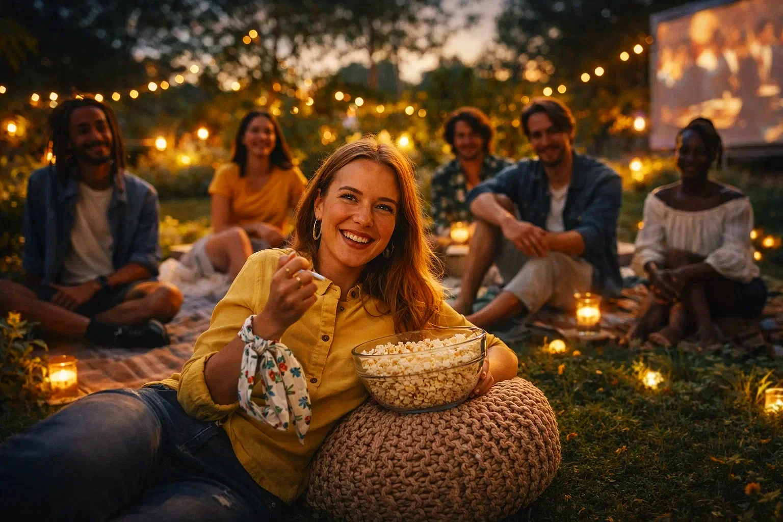 Een groep mensen genieten van een avond bij zonsondergang met kaarsen en een groot scherm in de achtergrond, samen zittend op een deken in een tuin.