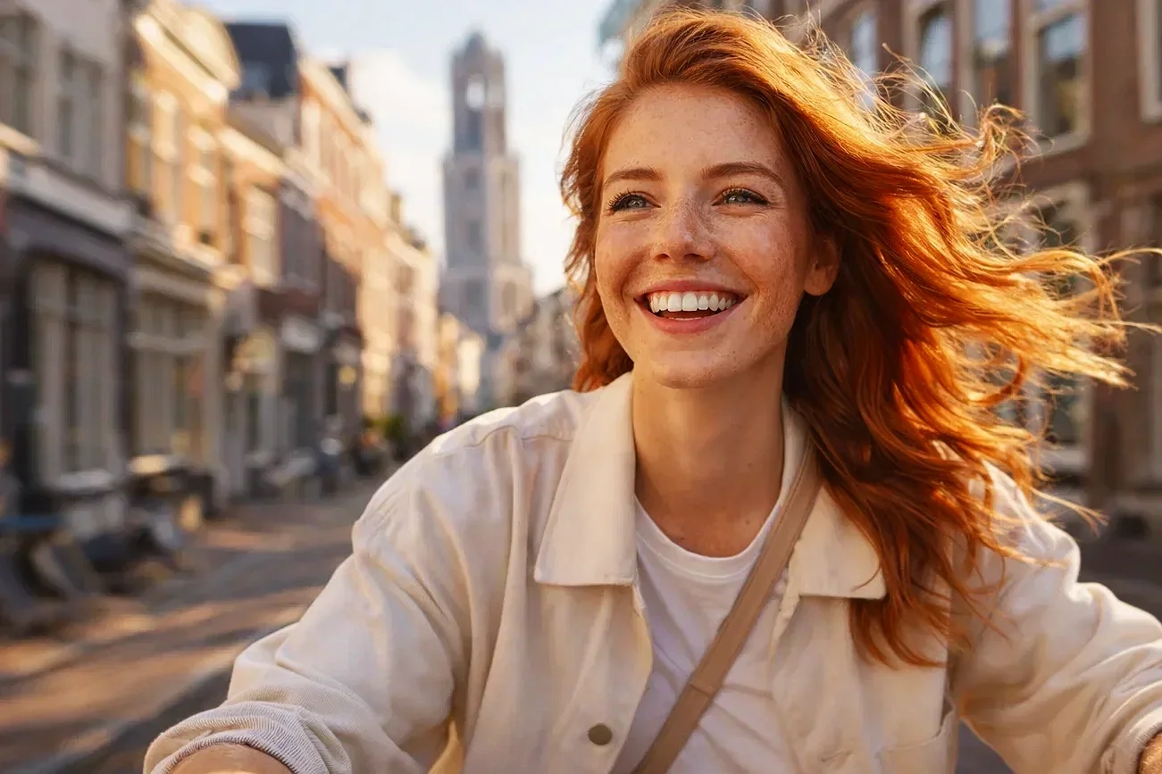 Vrouw met rood haar lacht op straat met historische gebouwen op de achtergrond.