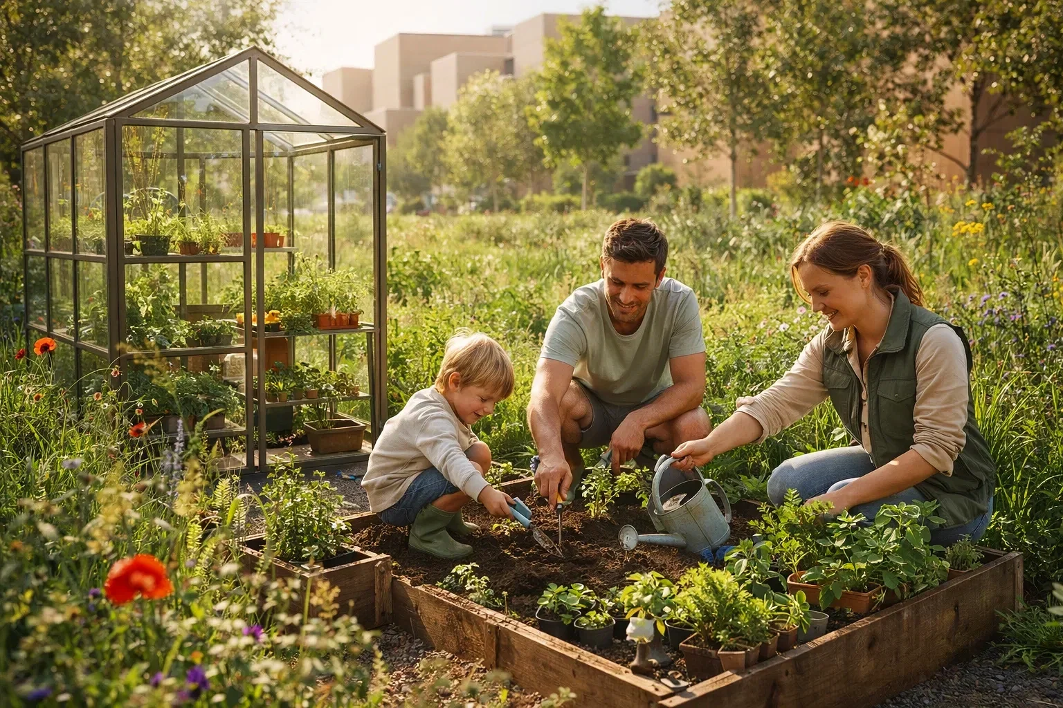 Een gezin bestaat uit een man, een vrouw en een kind dat in een tuin aan het tuinieren is. Ze planten en verzorgen planten in een verhoogd bed. Er staat ook een kleine kas met opgezette planten op de achtergrond. Het is een zonnige dag en de tuin is groen en kleurrijk.