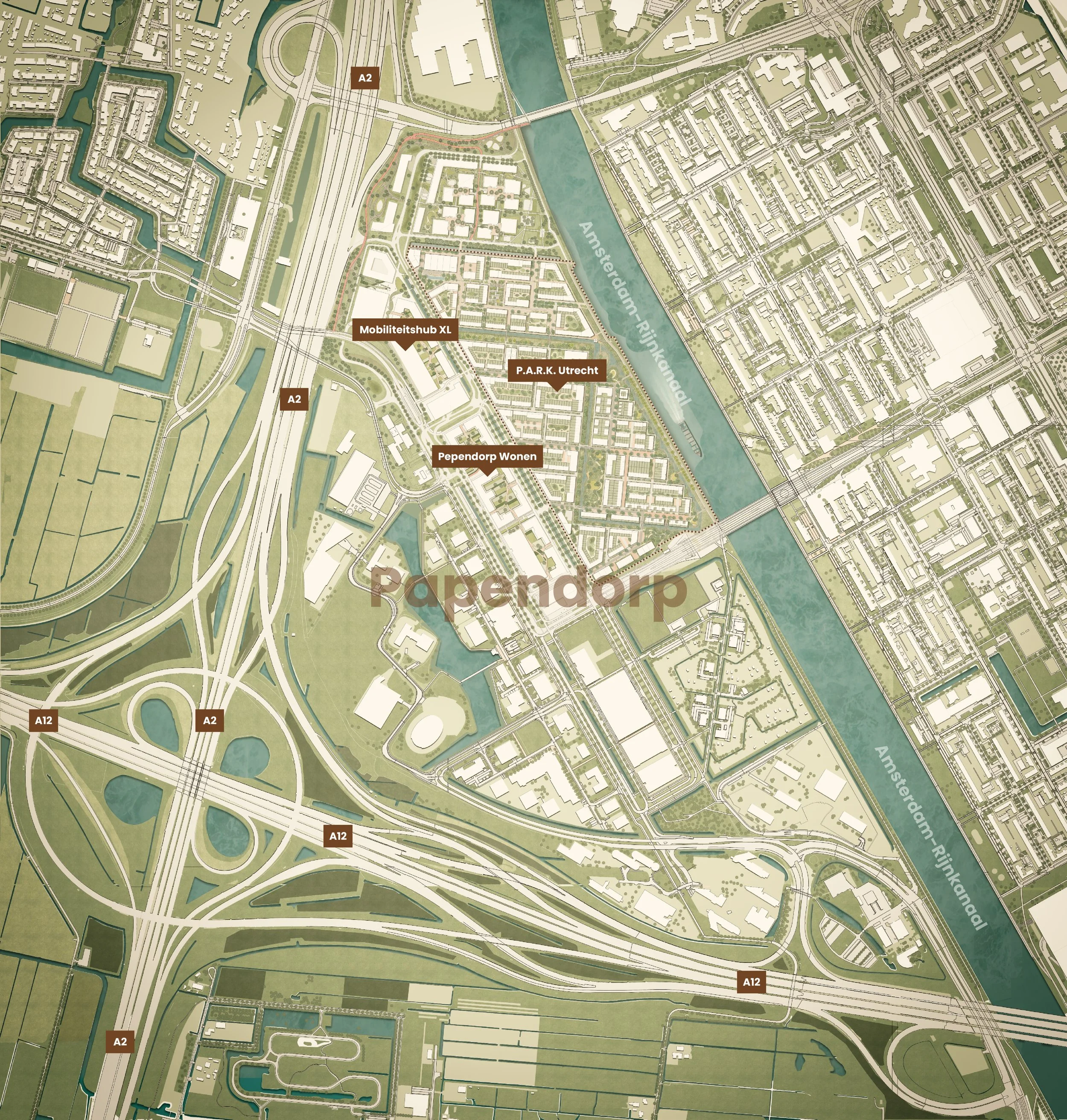 Gedetailleerde kaart van een gebied met wegen, waterwegen en groene zones. Aanduidingen voor A2, A12, Mobiliteitshub XL, P.A.R.K. Utrecht en Pependorp Wonen.