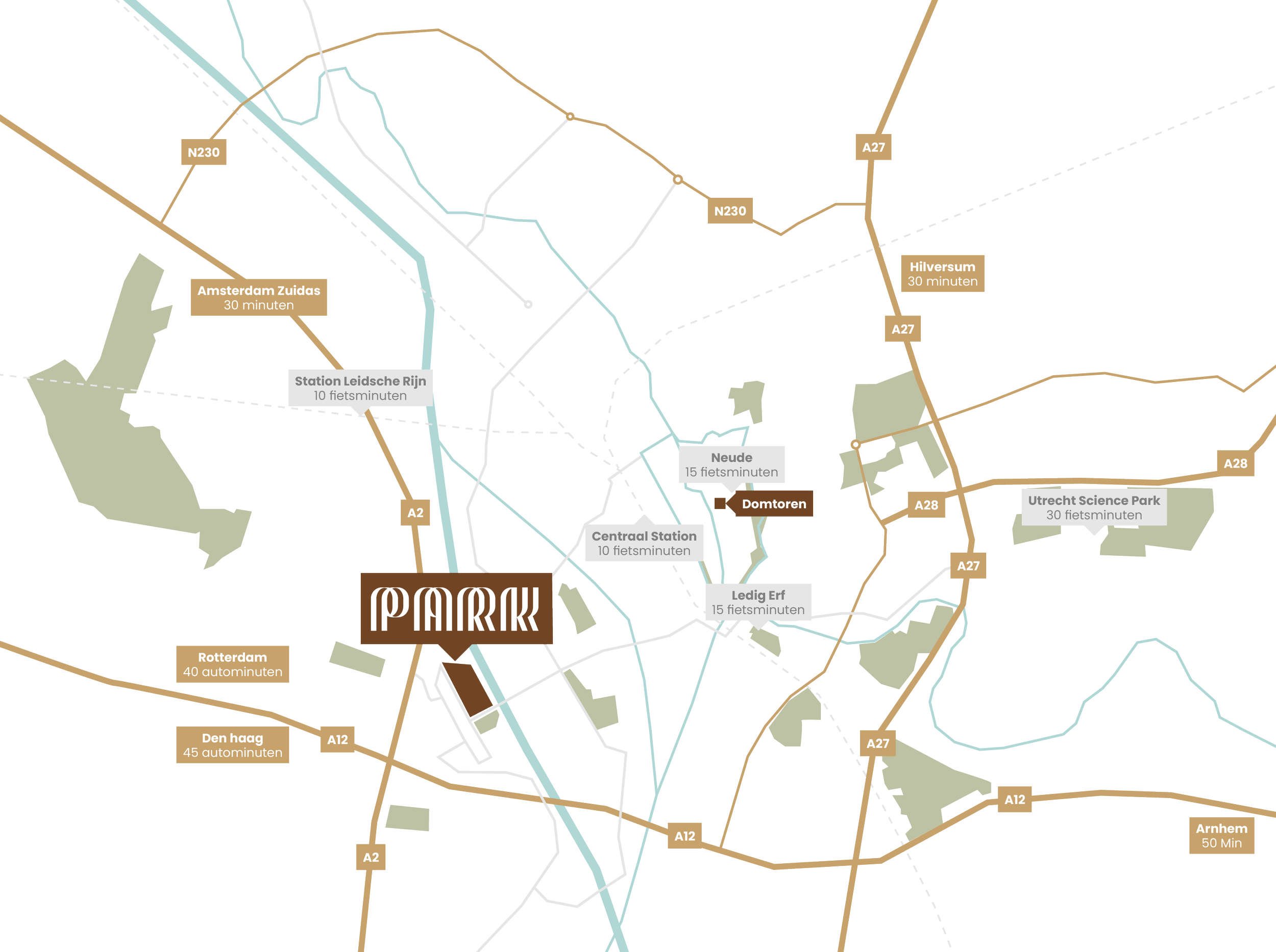 Een kaart van de omgeving rondom Amsterdam, met routes en reistijden naar verschillende steden zoals Rotterdam, Den Haag, Utrecht en Arnhem.