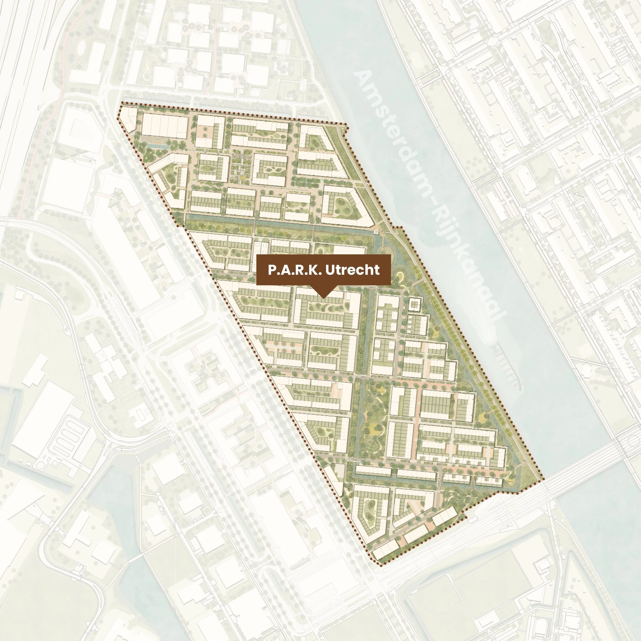 Plattegrond van een gebied rond de rivier met een park en woonwijk, aangegeven met de tekst 'P.A.R.K. Utrecht'.