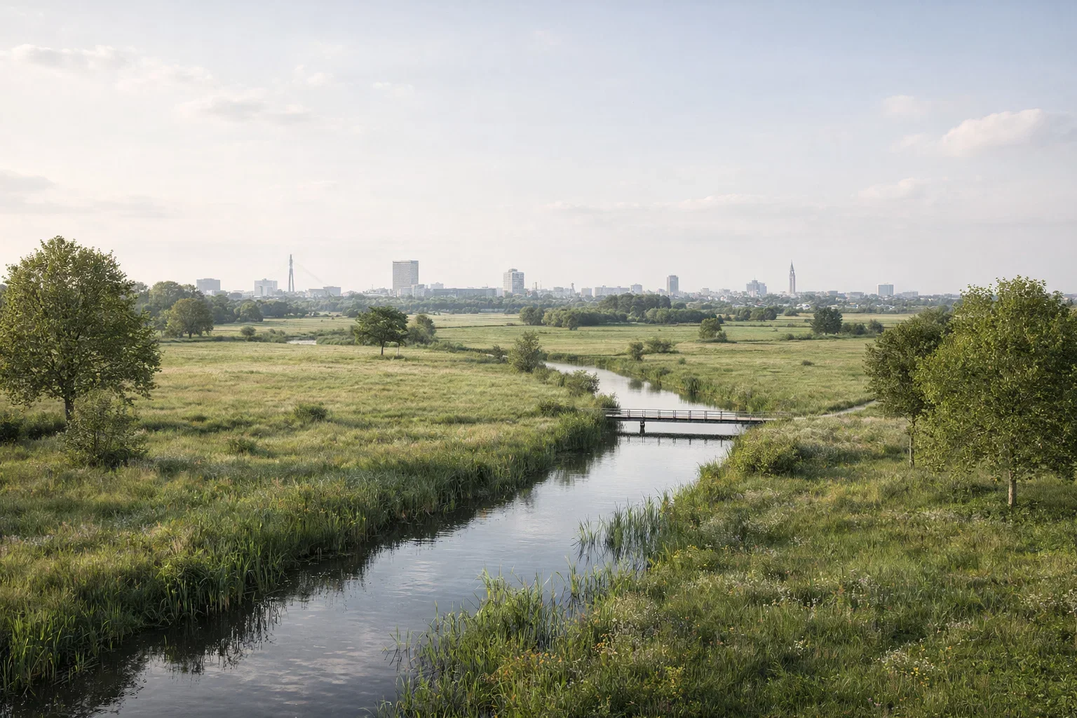 uitzicht op een rivier die door een groen grasland stroomt, met een brug en verder een stad met hoge gebouwen op de achtergrond, onder een bewolkte blauwe lucht.