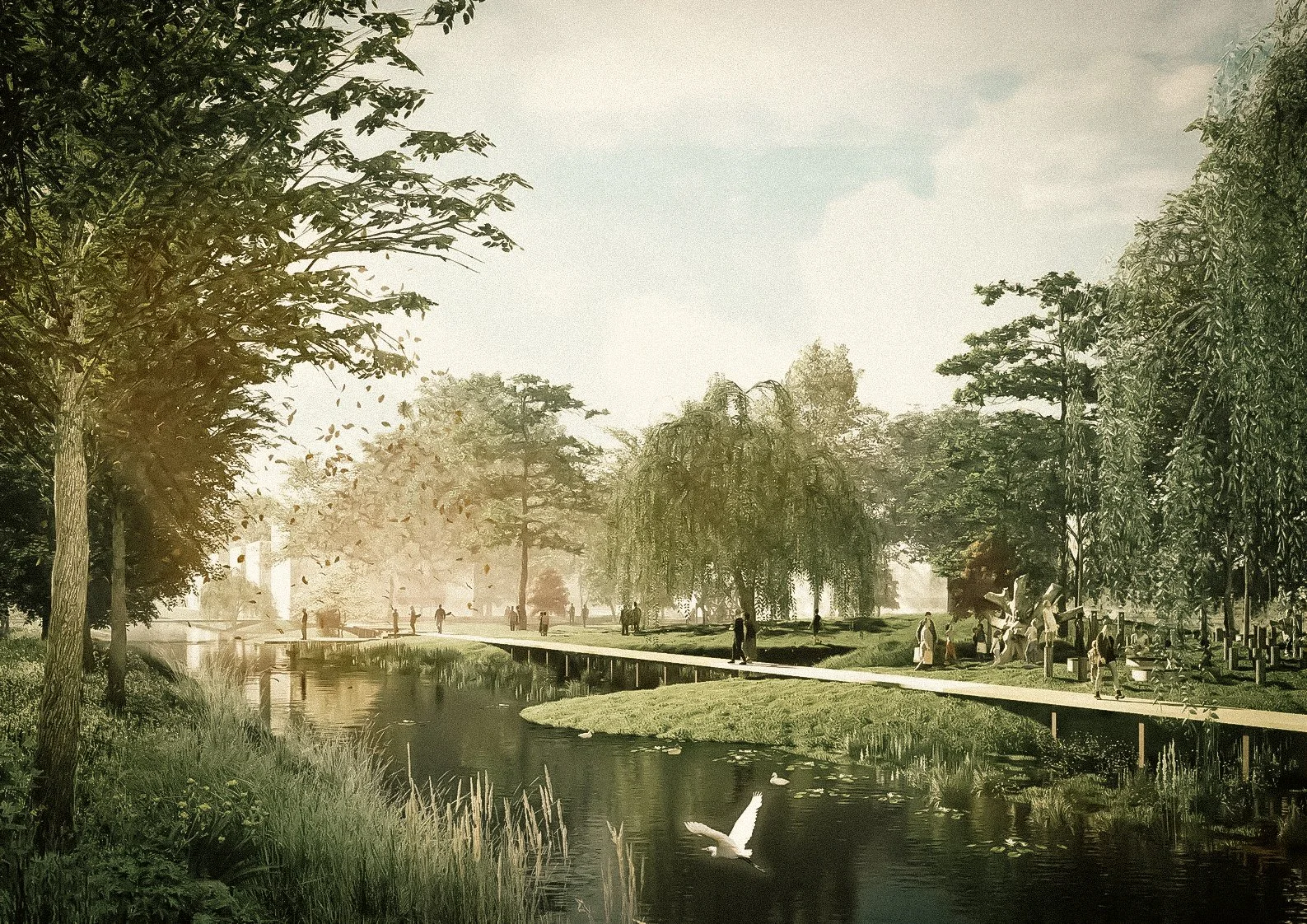 Een park met wandelpaden, een rivier en grote bomen, mensen wandelen en zitten, en zwemmende zwanen op het water.