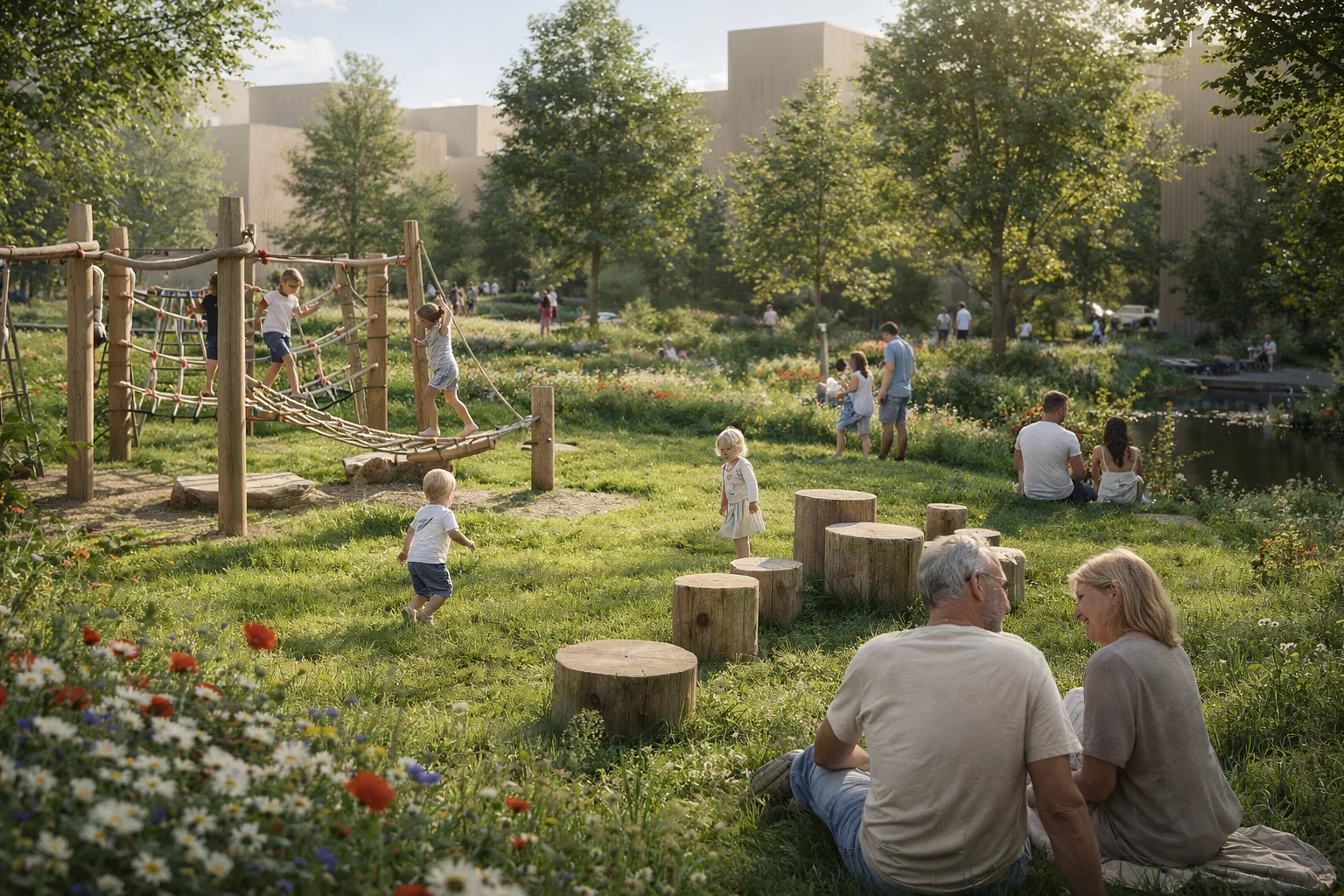 Kinderen spelen op een houten klimtoestel in een park terwijl ouders en andere volwassenen ontspannen op het gras bij een vijver.