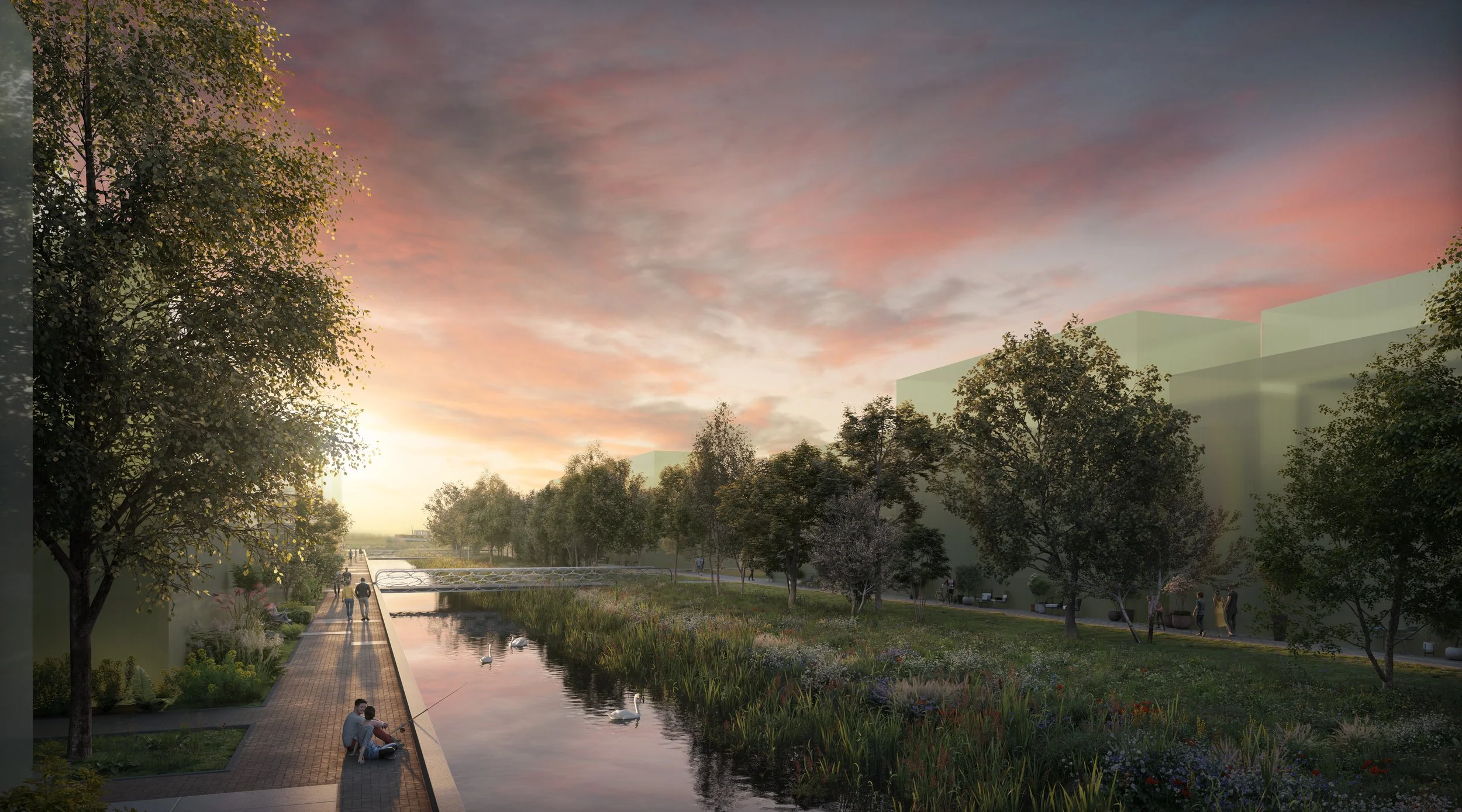 Een park met een wandelpad langs een smalle waterway, omgeven door bomen en bloemen, met mensen die ontspannen en vissen, bij zonsondergang.