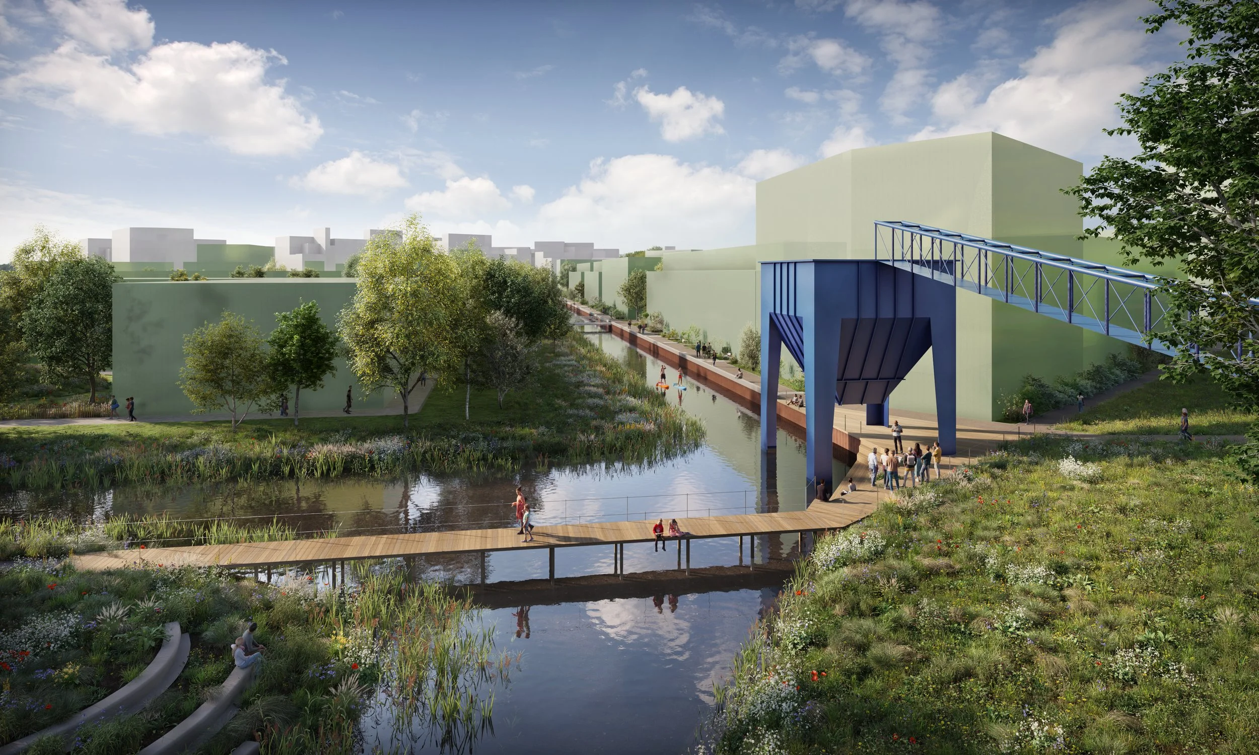 Artistieke digitale weergave van een park met een waterpartij, een loopbrug, groene bomen en grote gebouwstructuren op de achtergrond onder een bewolkte hemel.