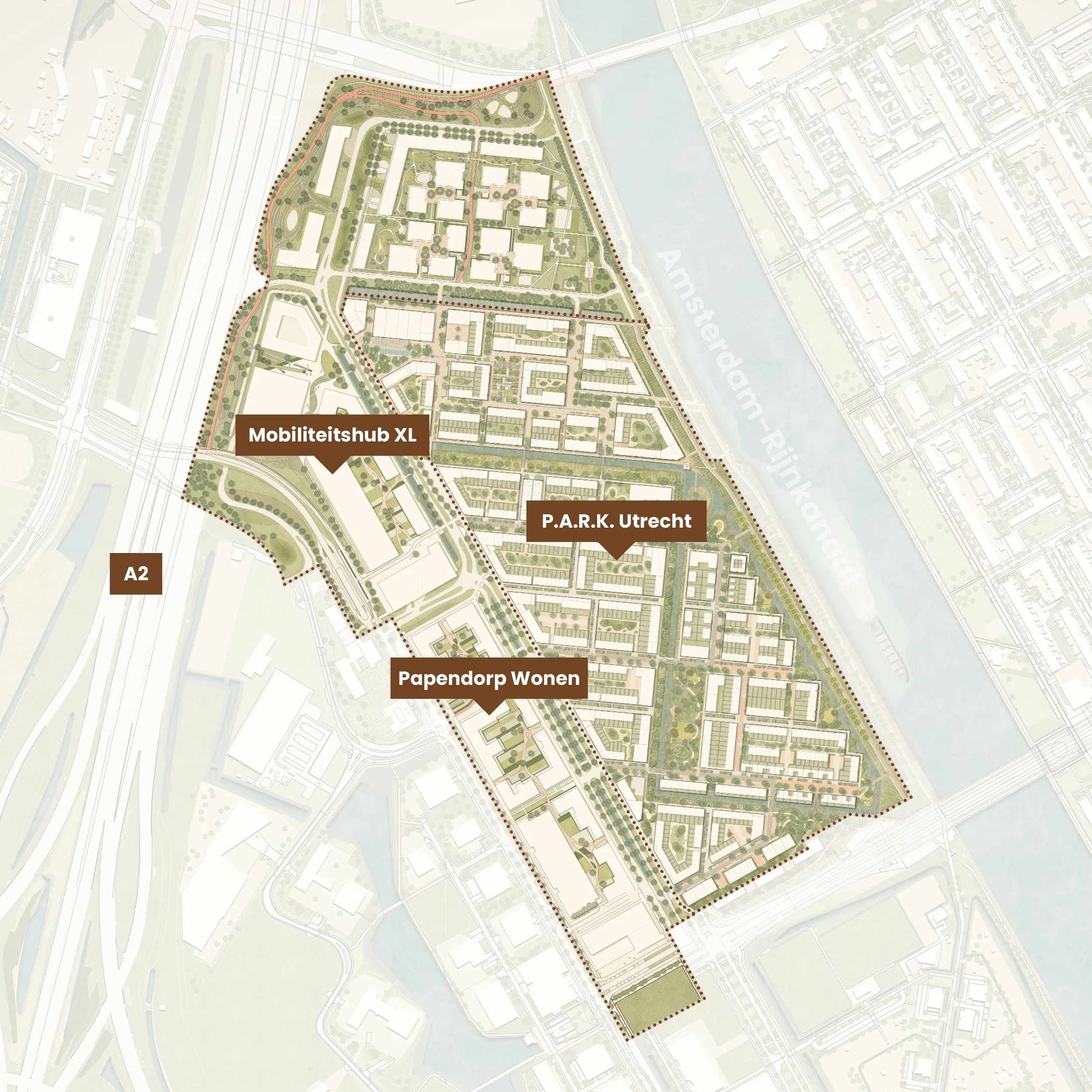 Een plattegrond van een stedelijk ontwikkelingsgebied in Utrecht met verschillende zones, parkgebieden en infrastructuur, inclusief labels voor Mobiliteitshub XL, P.A.R.K. Utrecht, Papierdop Wonen, A2 en verkeersroutes.