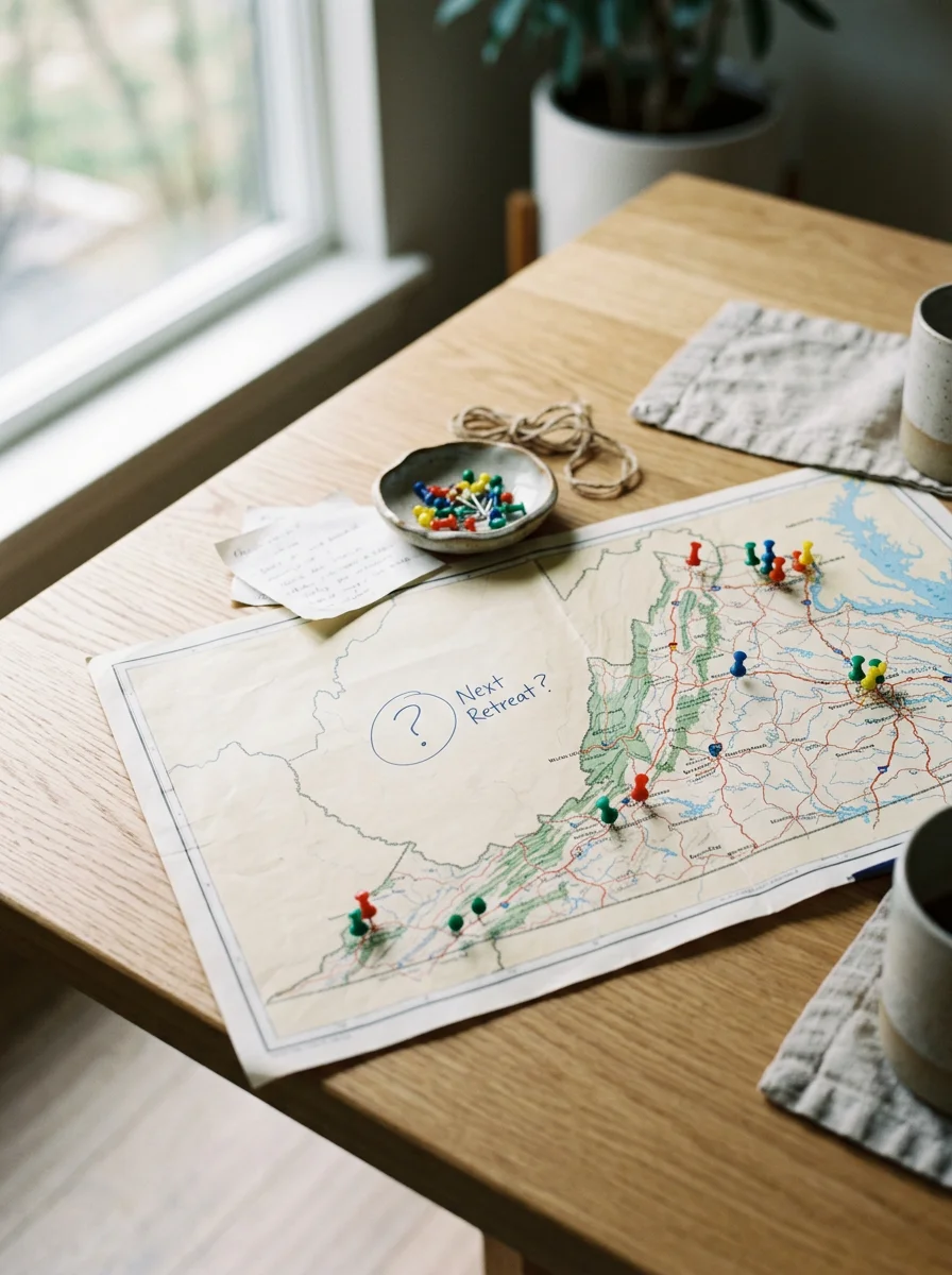 Map of the United States with various colored pushpins and the handwritten question 'Next Retreat?'
