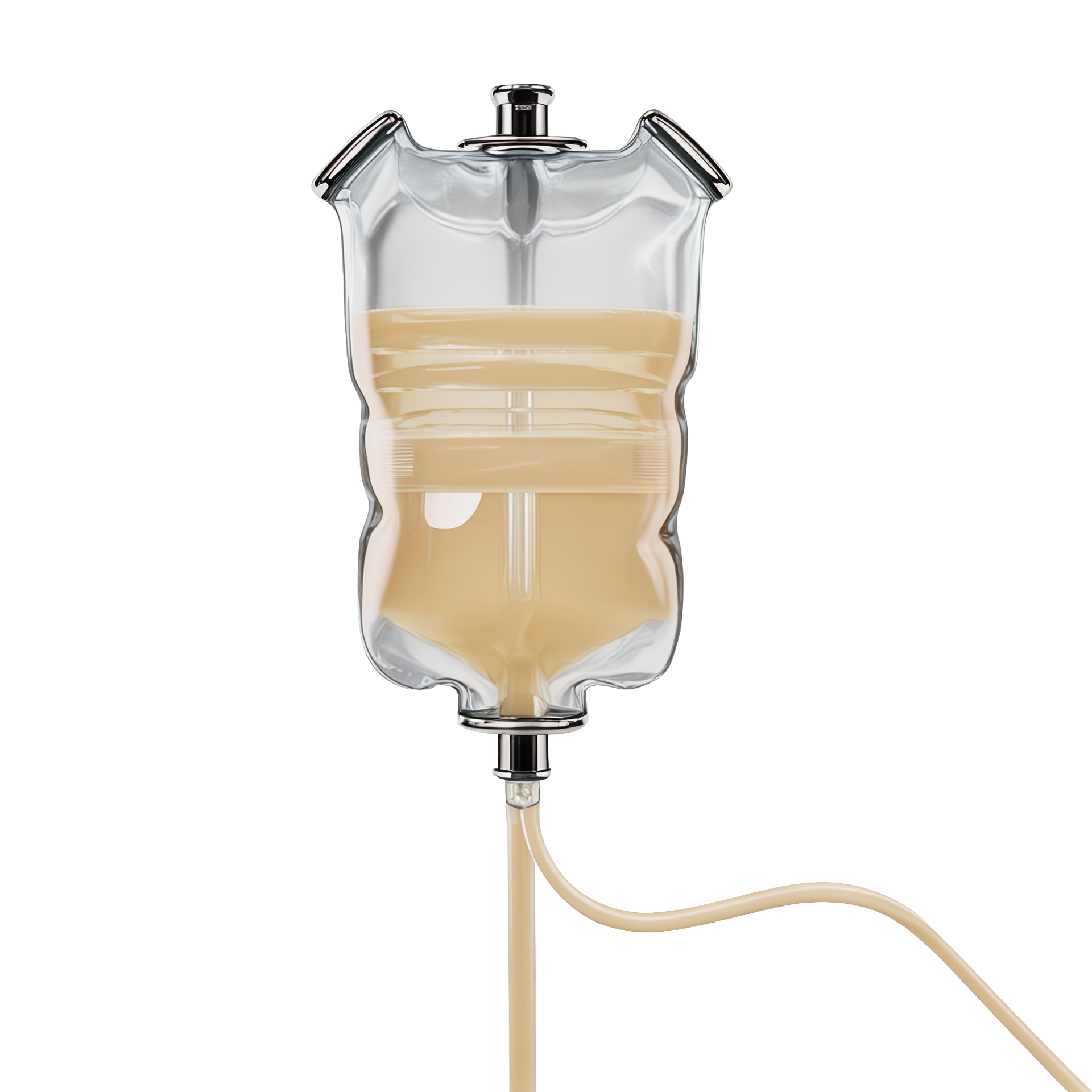 Diagram of an IV drip with a beige liquid inside a transparent bag connected to a tube.