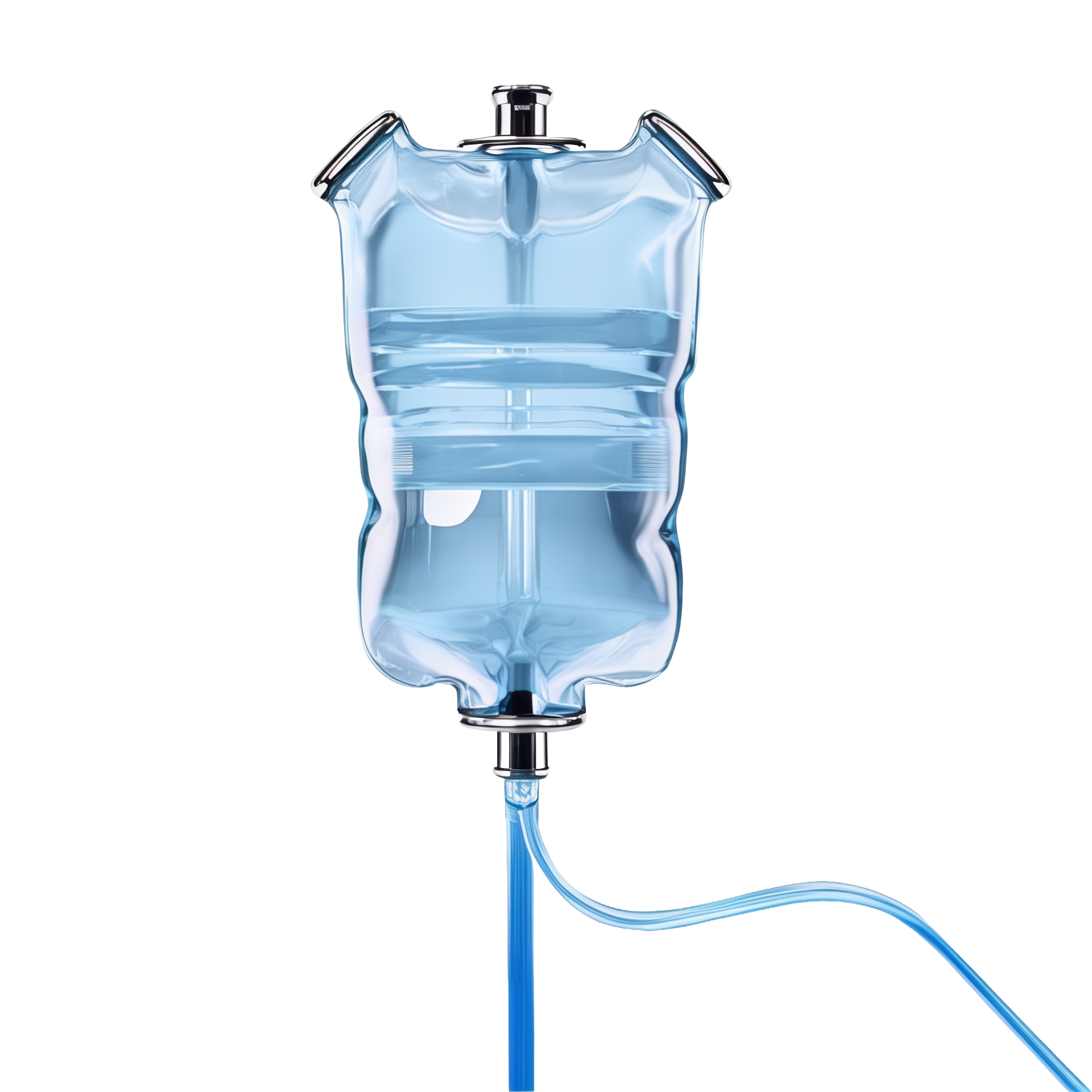 A transparent medical IV bag filled with blue liquid, with a tube extending from the bottom.