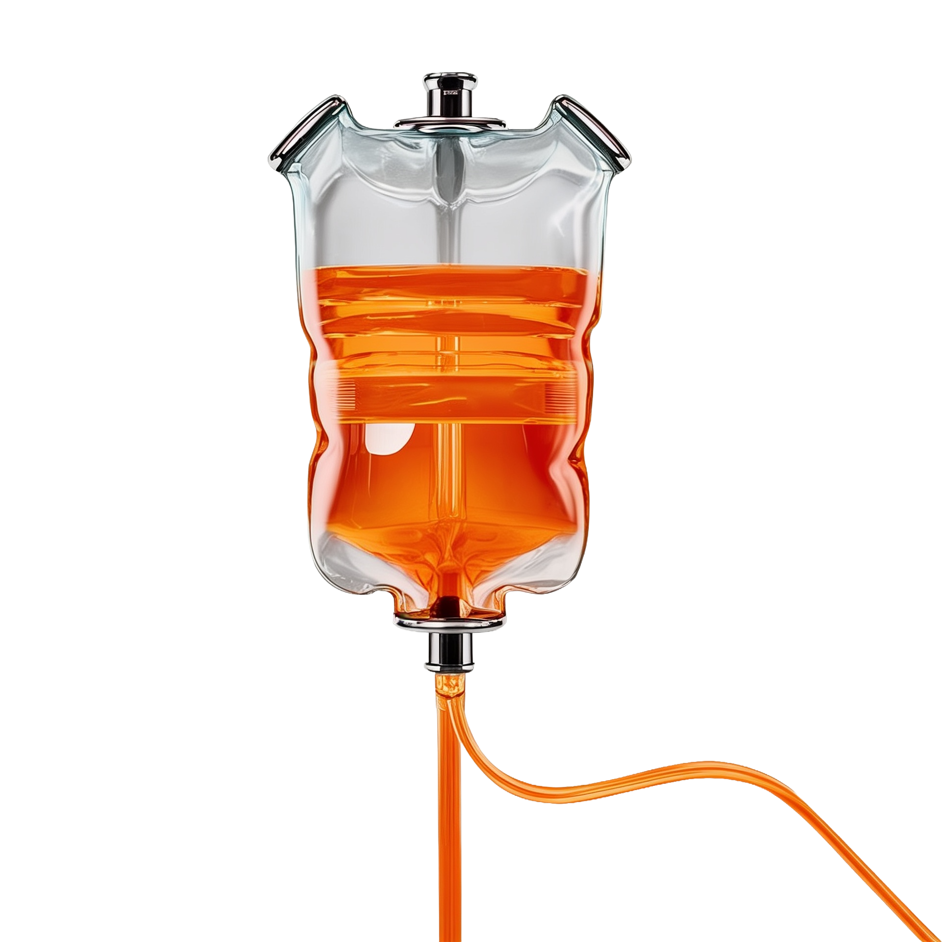 Diagram of a glass container with orange liquid, showing internal system for heating, cooling, and fluid flow, with pipes and valves.