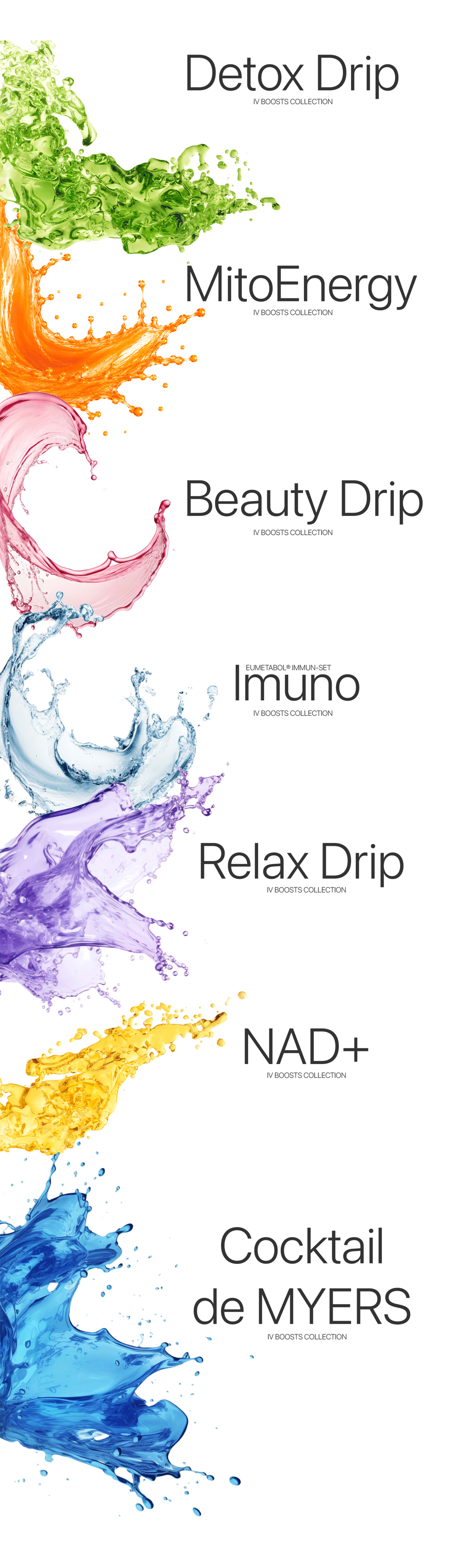 Colorful splashes of liquid in green, orange, pink, blue, purple, yellow, and light blue on a black background, with text labels for different cosmetic products such as Detox Drip, Mito Energy, Beauty Drip, Imuno, Relax Drip, NAD+, and Cocktail de Myers.