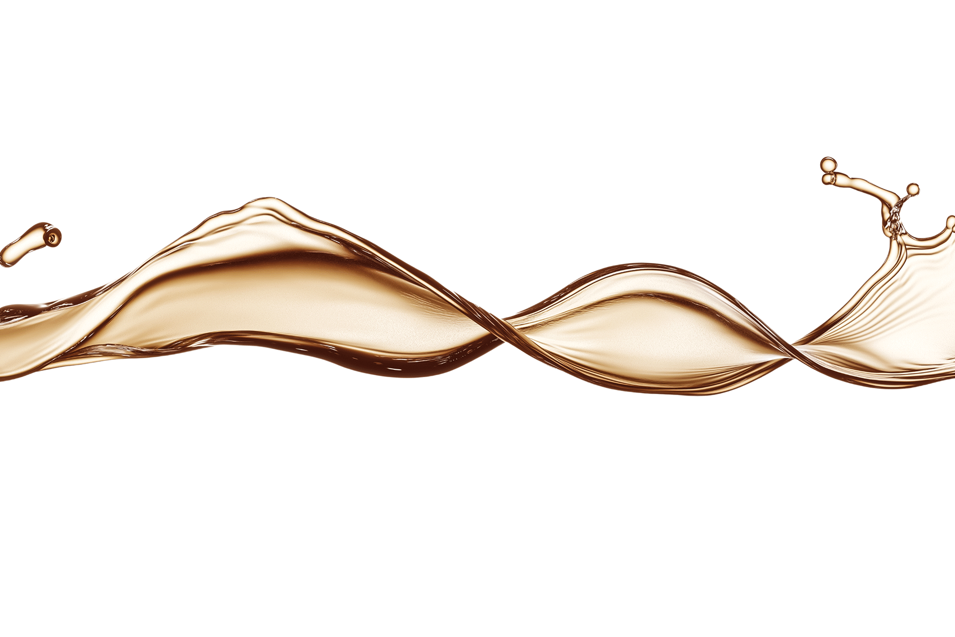 Swirling streams of chocolate with a splash and droplets, set against a black background.