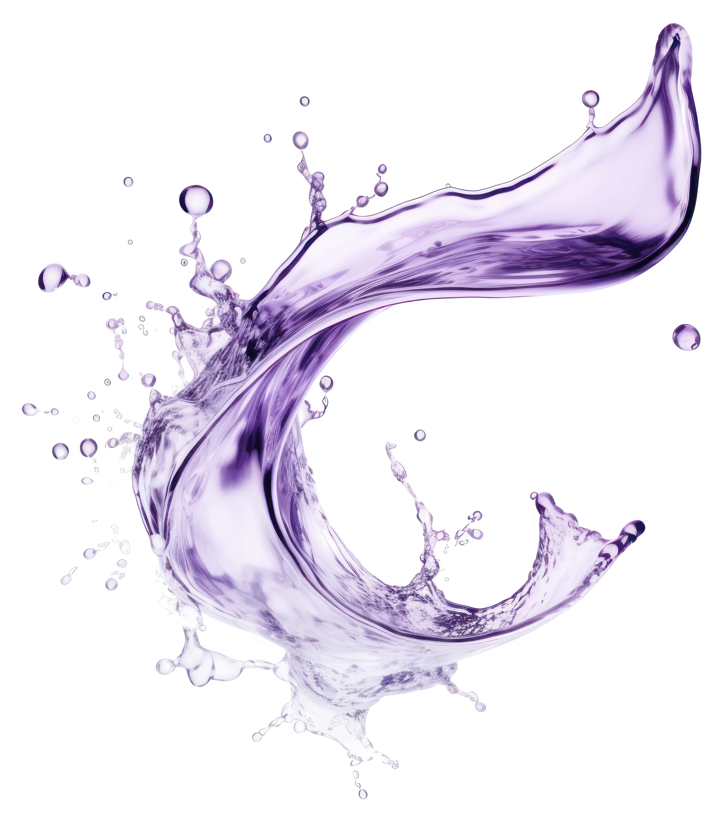Purple liquid splash with droplets against a white background.