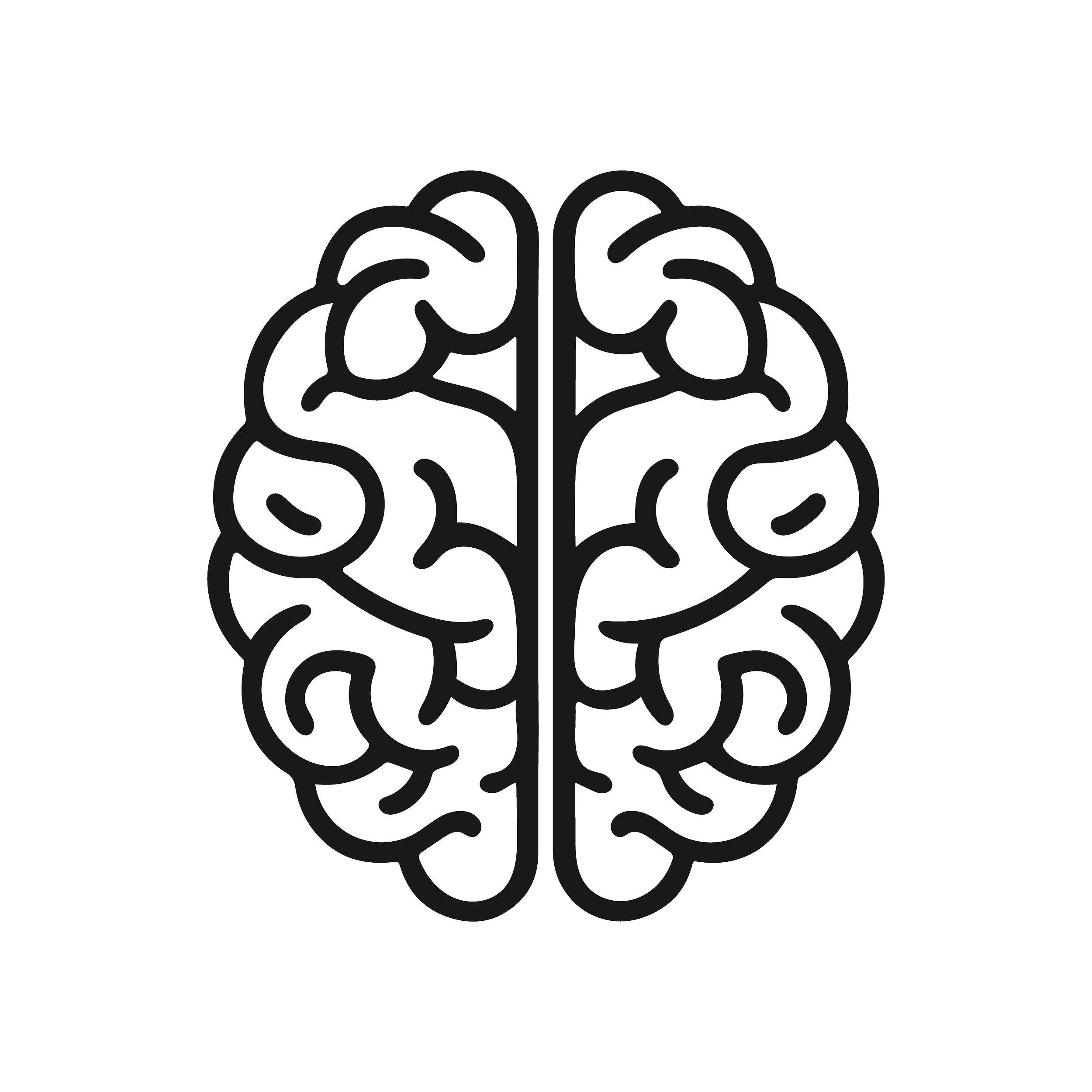 Minimalist black and white outline of a human brain.