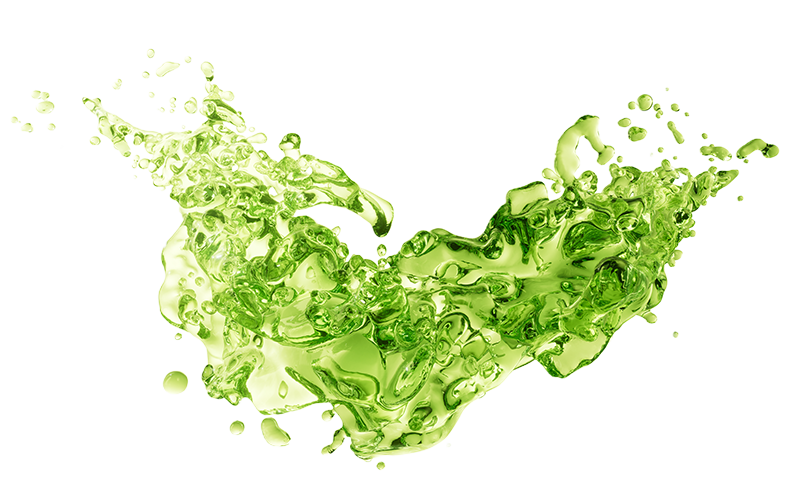 Green liquid splash with droplets against a white background.