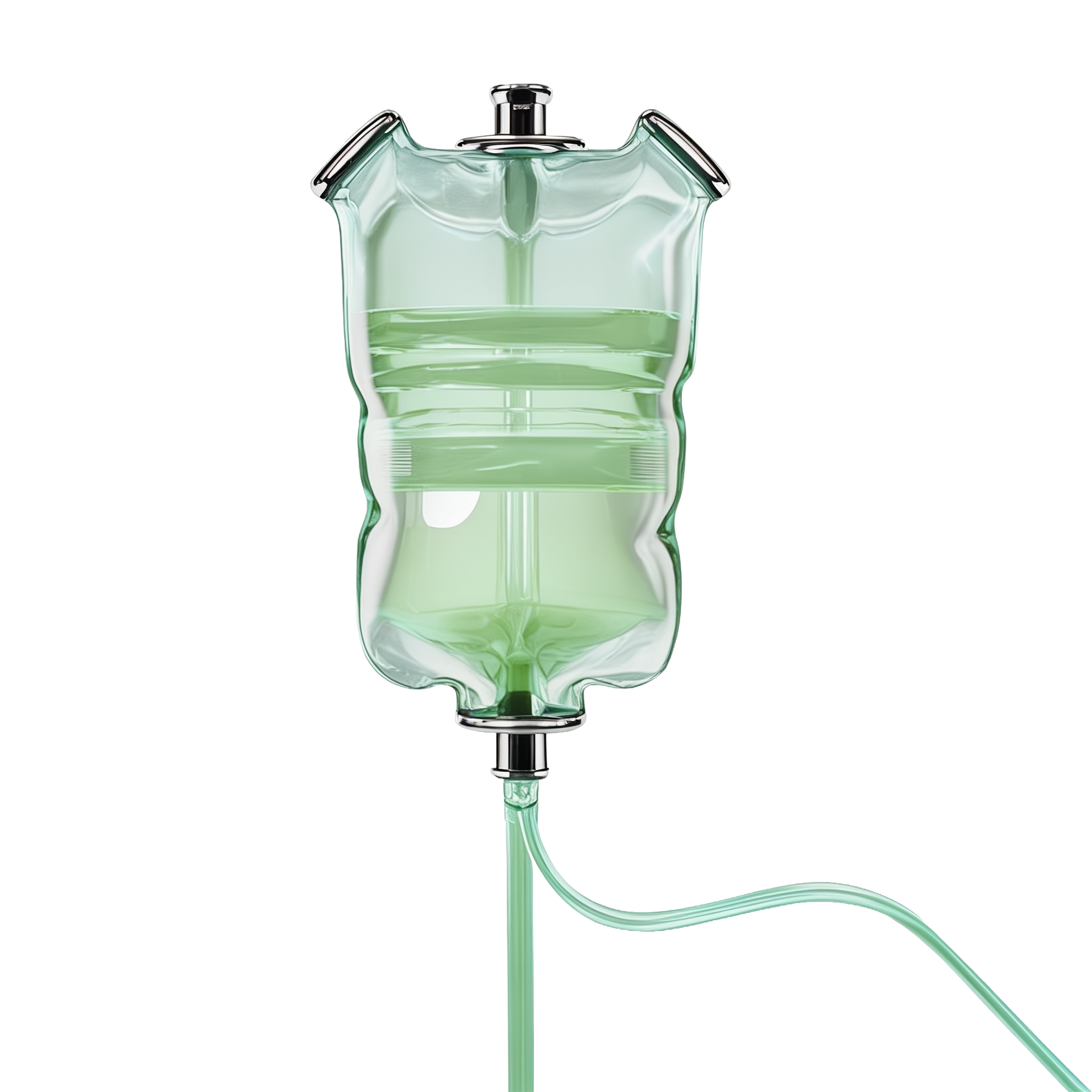 A close-up view of a glass medical IV drip set with a green liquid inside against a transparent background.