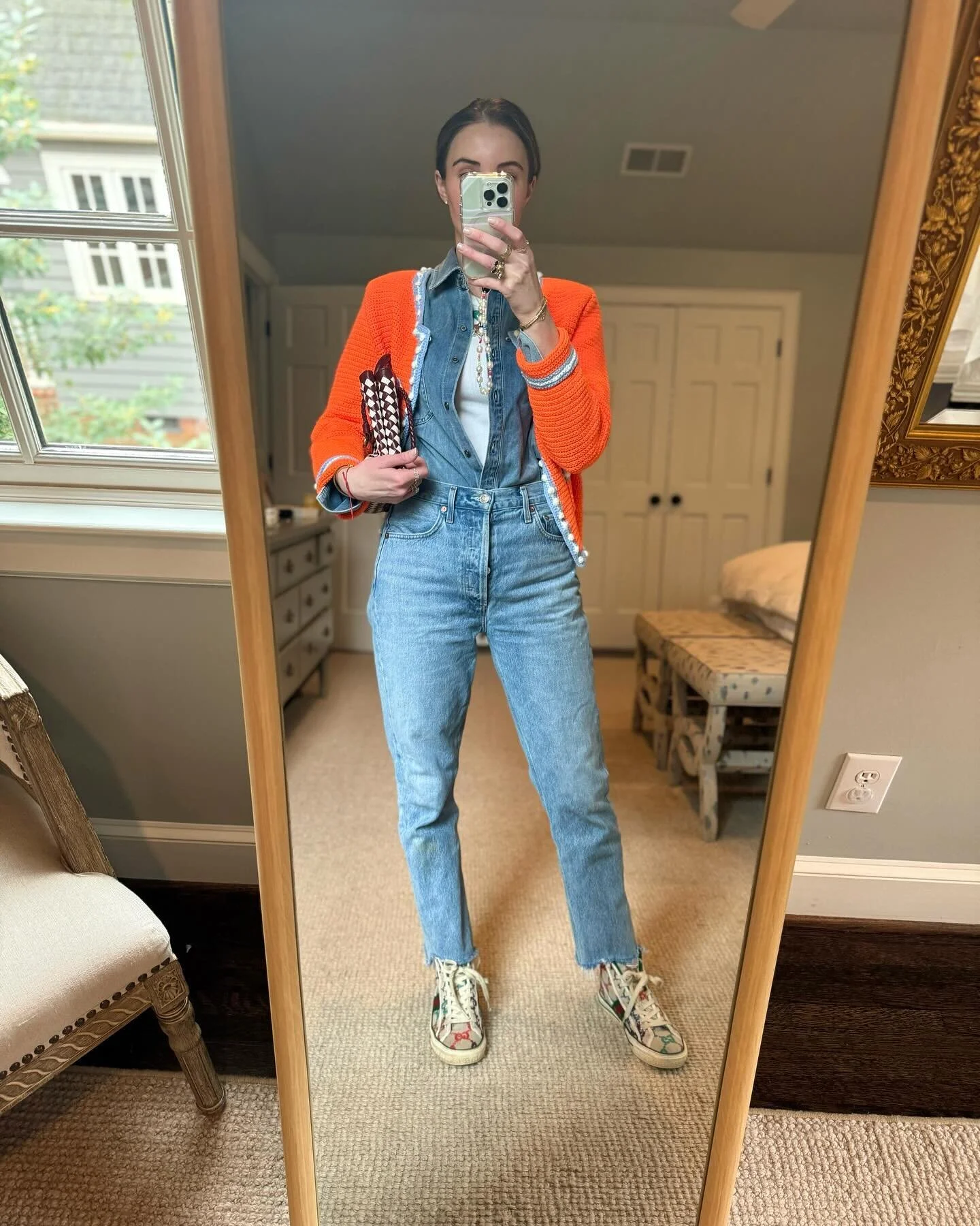 Canadian ish Tuxedo 
.
.
Jeans: @agolde 
Denim top: @aliceandolivia 
Tank: @anthropologie 
Knit: @hunterbellnyc @charlottesincclt 
Shoes: @gucci 
Bag/socks: @amazon