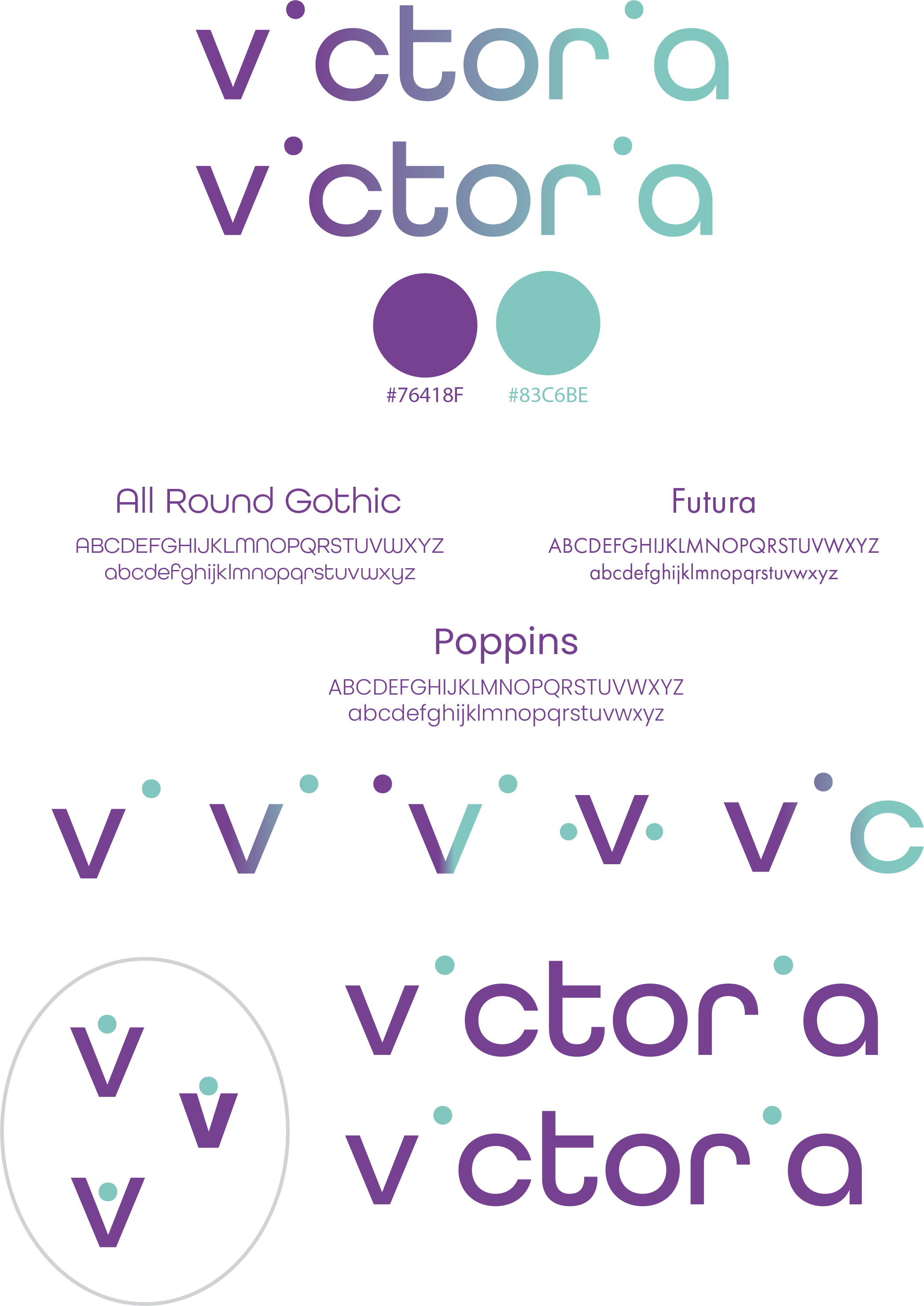Brand board showing logo, color + typeface choices and wordmark variations