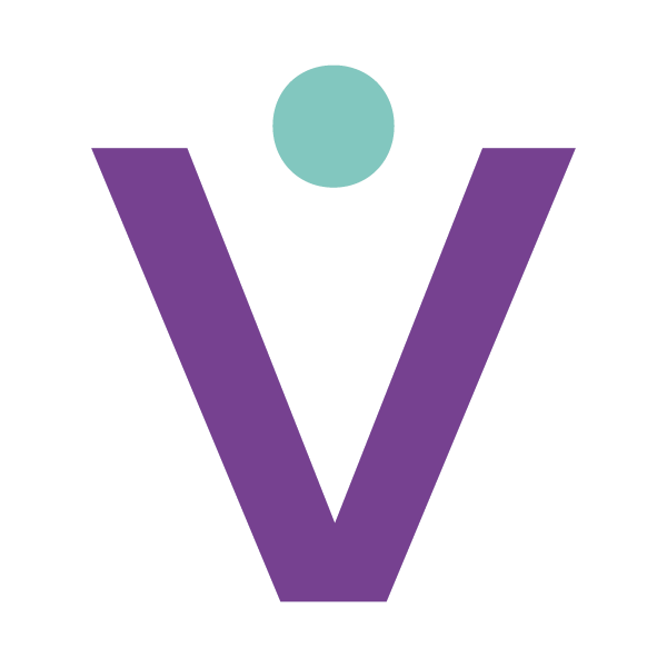 Final wordmark design of a purple V with a greenish dot above it