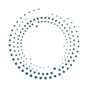 Kreisförmiges Muster aus verschiedenen blauen Punkten auf weißem Hintergrund.