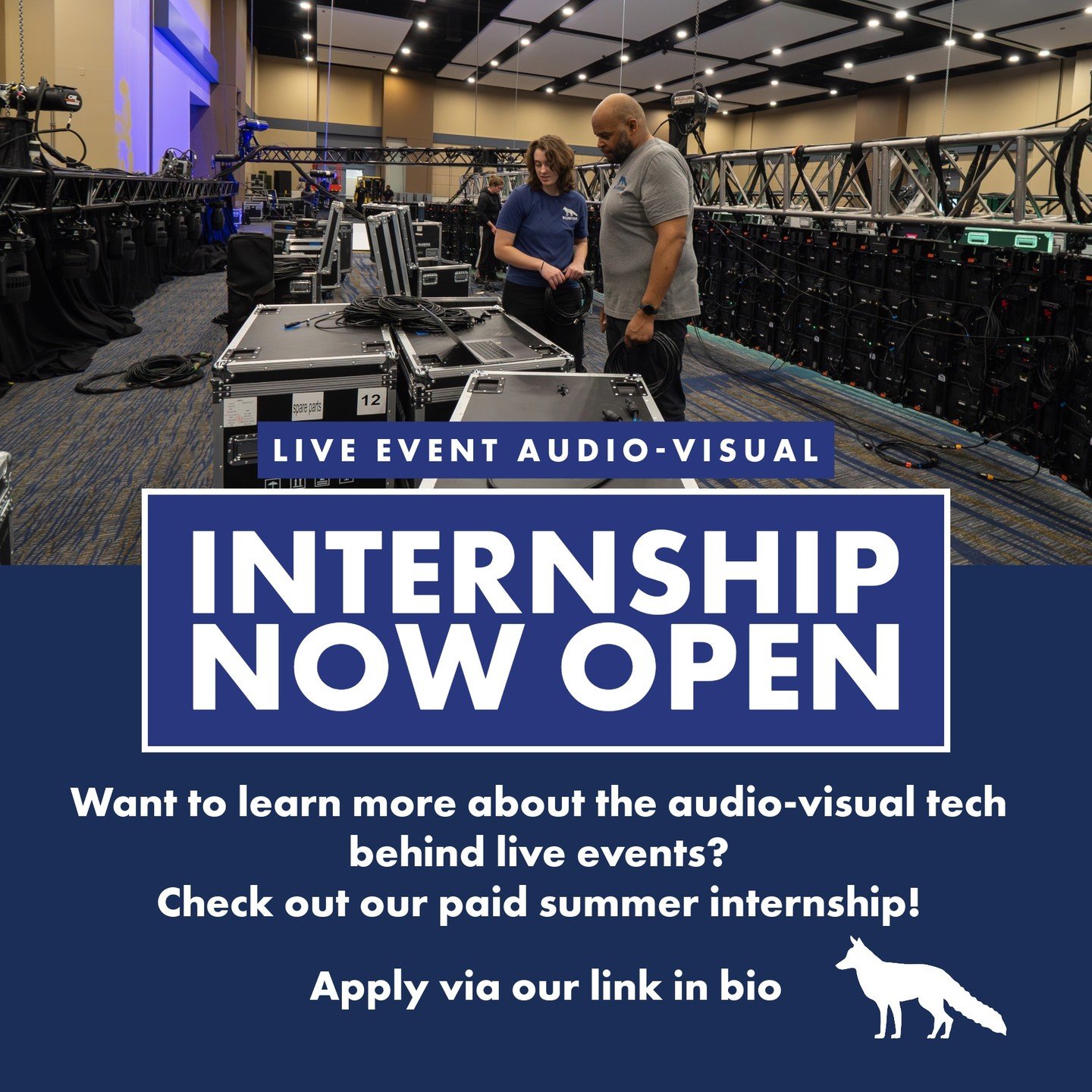 Looking to get hands-on experience in live event production this summer?
Our live event internship is open. Interns support live events by setting up audio, video, and lighting systems. You will work alongside our lead engineers, learn how tech chall